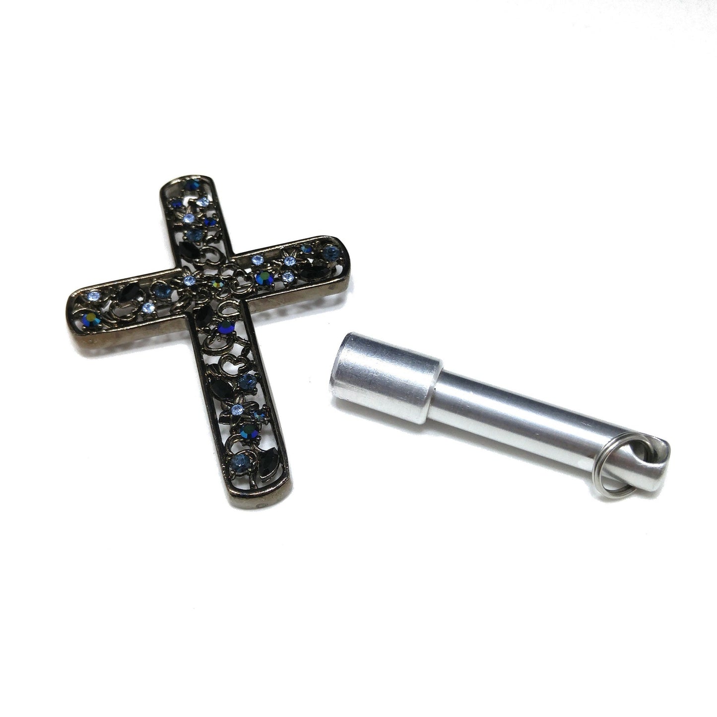 Givenchy Large Cross Brooch, Aurora Borealis Blue Rhinestones, 1990s Vintage Jewelry