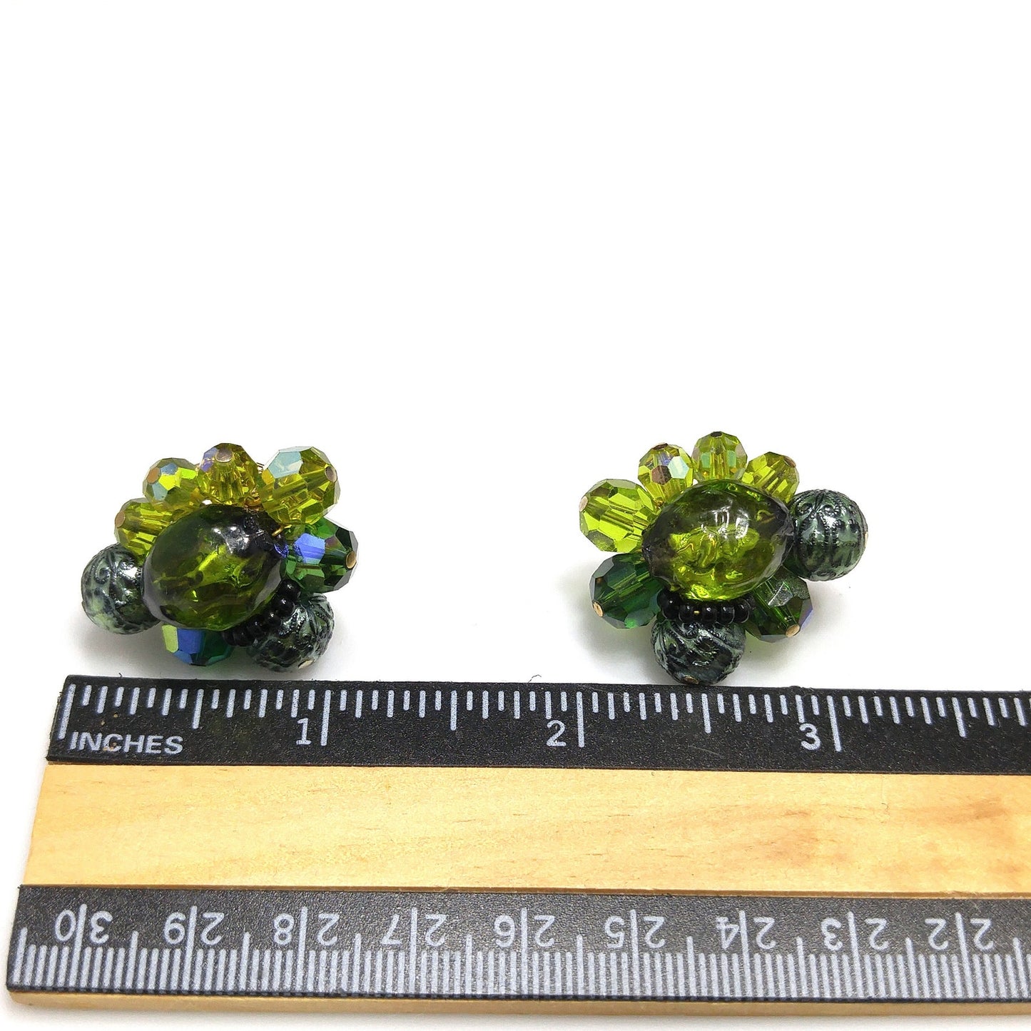 Vendome Green Beaded Earrings, Art Glass Aurora Borealis Beads, 1960s Vintage Jewelry