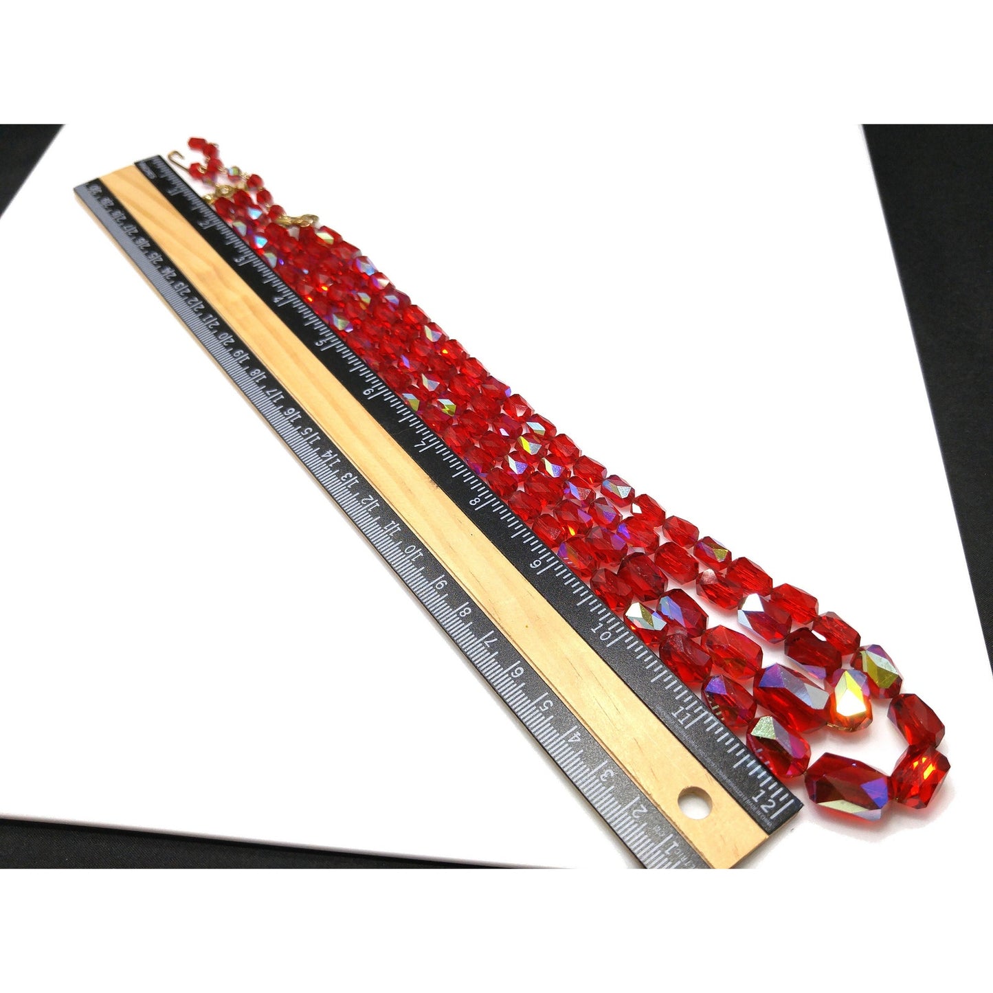 Red Aurora Borealis Graduated Beaded Two Strand Necklace on Chain, 1970s Vintage Jewelry