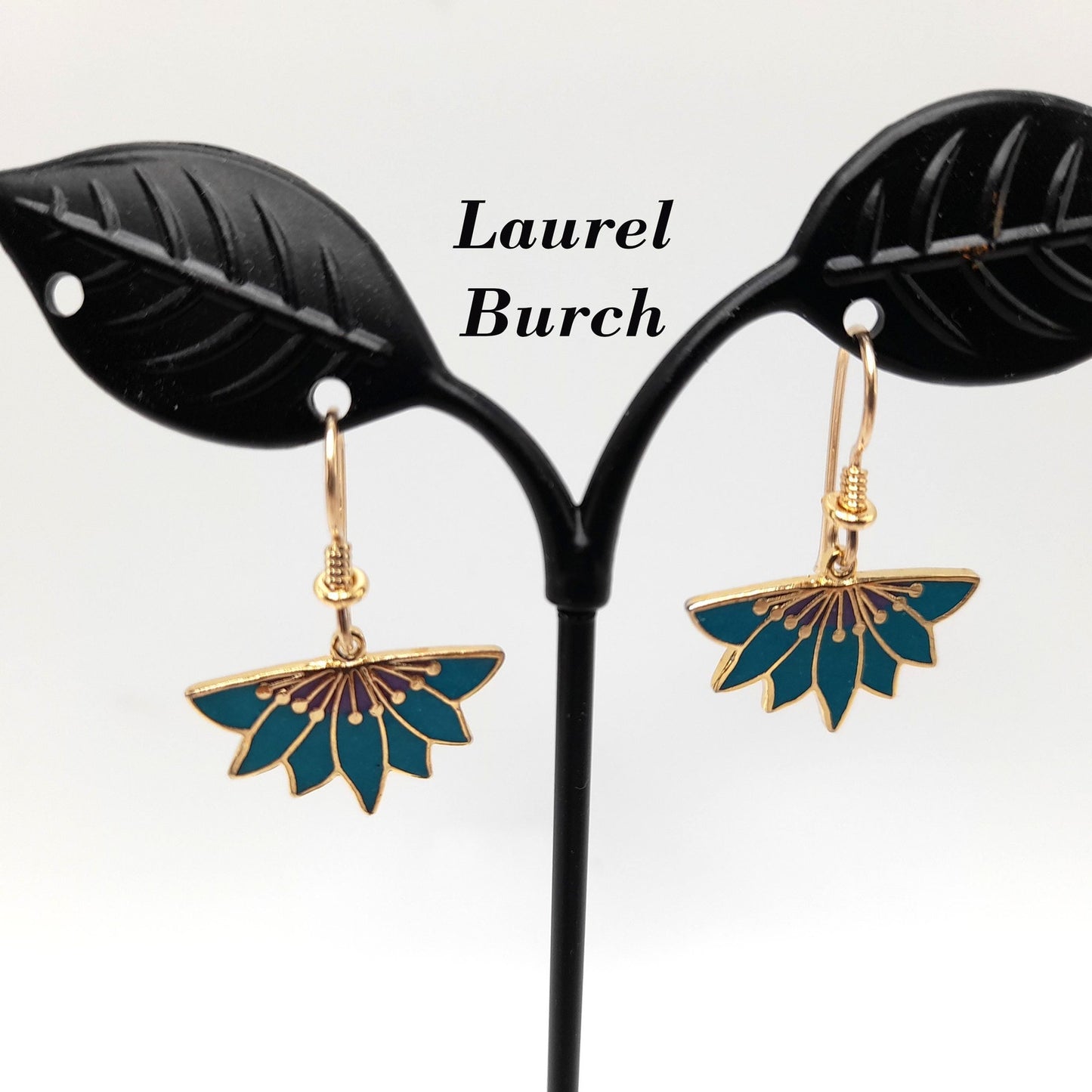 Vintage Laurel Burch Floral Earrings, Gold Plated, Teal Green Enamel