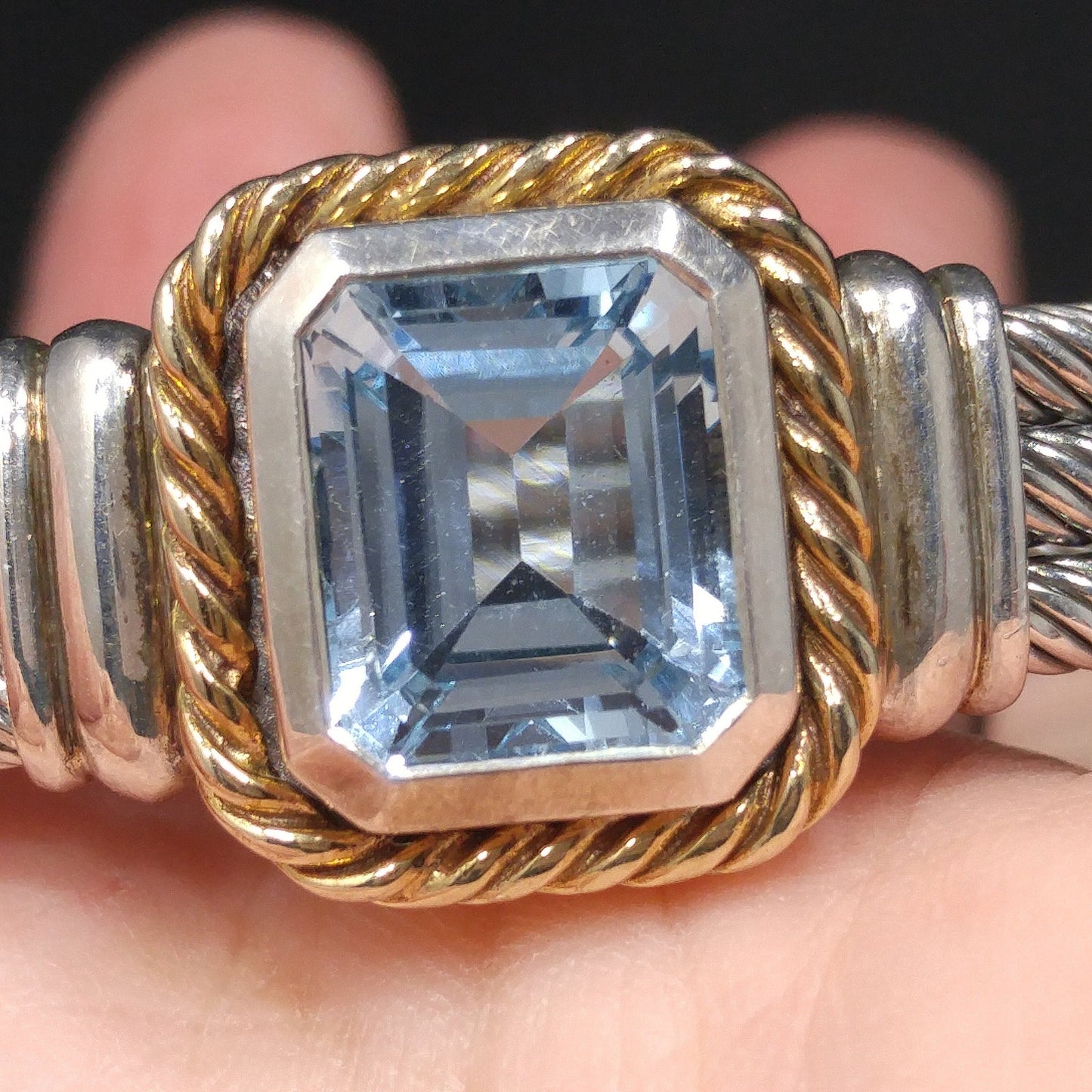 Blue Topaz Sterling Gold Trim Cuff Bracelet, Thailand 925 14K, 1990s Vintage Jewelry