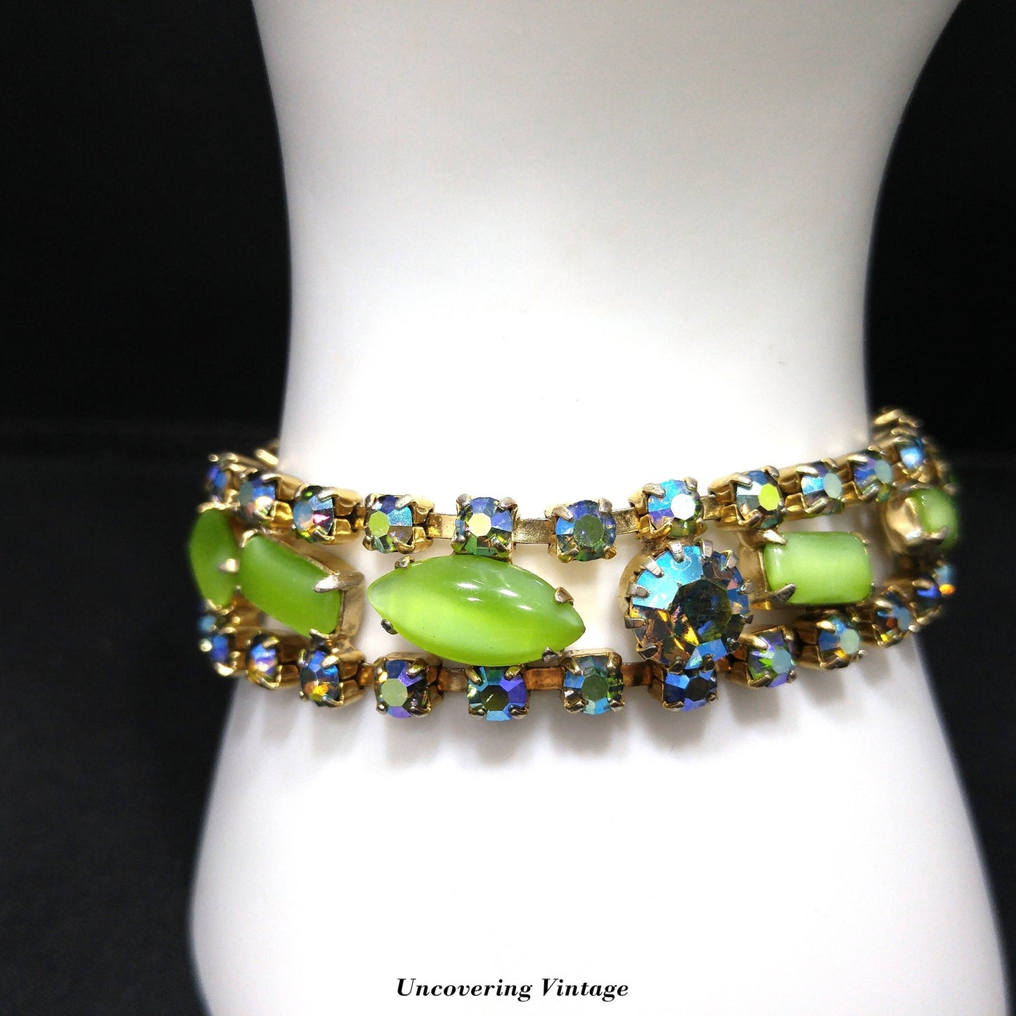 Mid-Century Green Blue AB Rhinestone Bracelet, Aurora Borealis, 1950s Vintage Jewelry