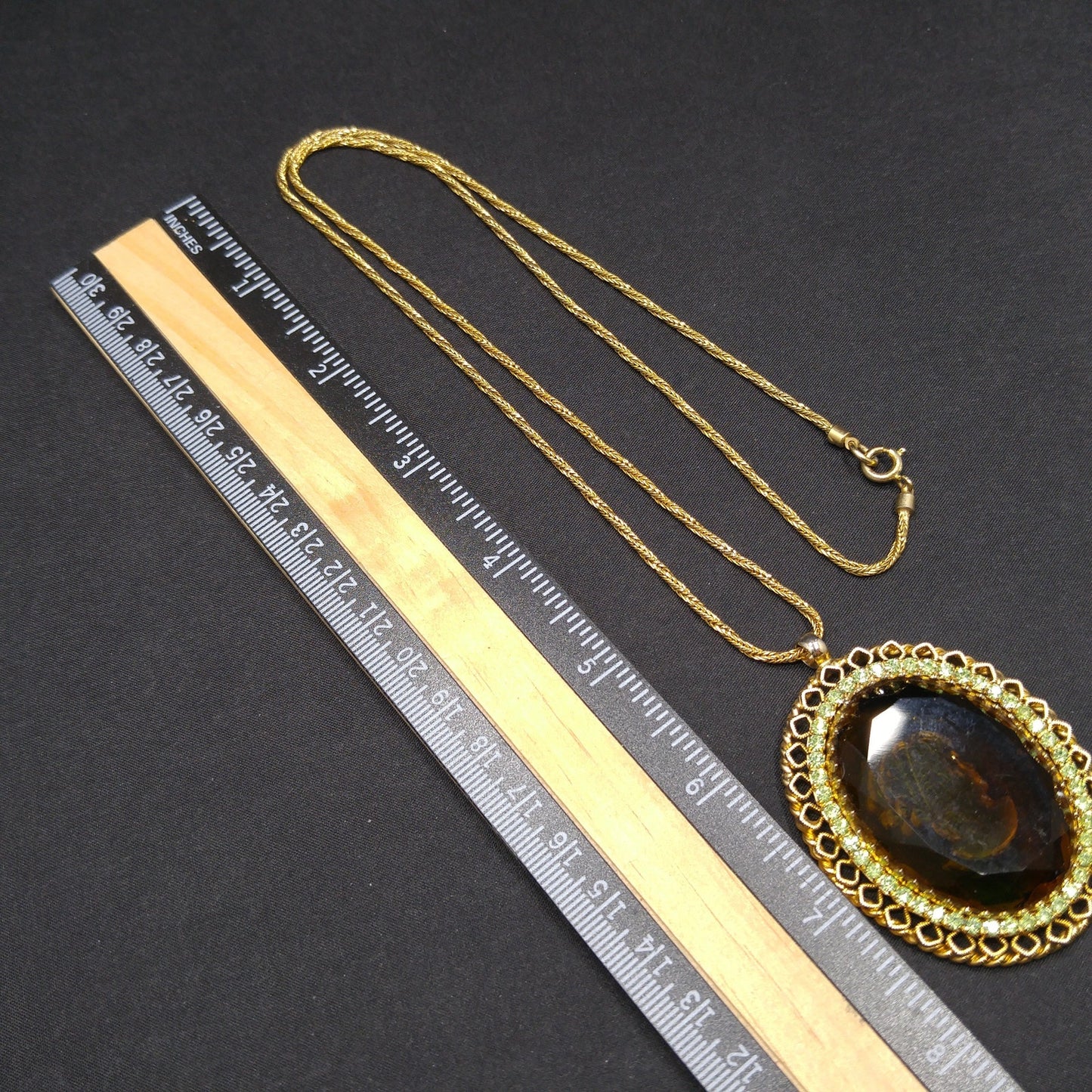 Warner Cameo Intaglio Pendant Necklace, Peridot Rhinestones, 5 Uranium Glass, 1960s Vintage Jewelry