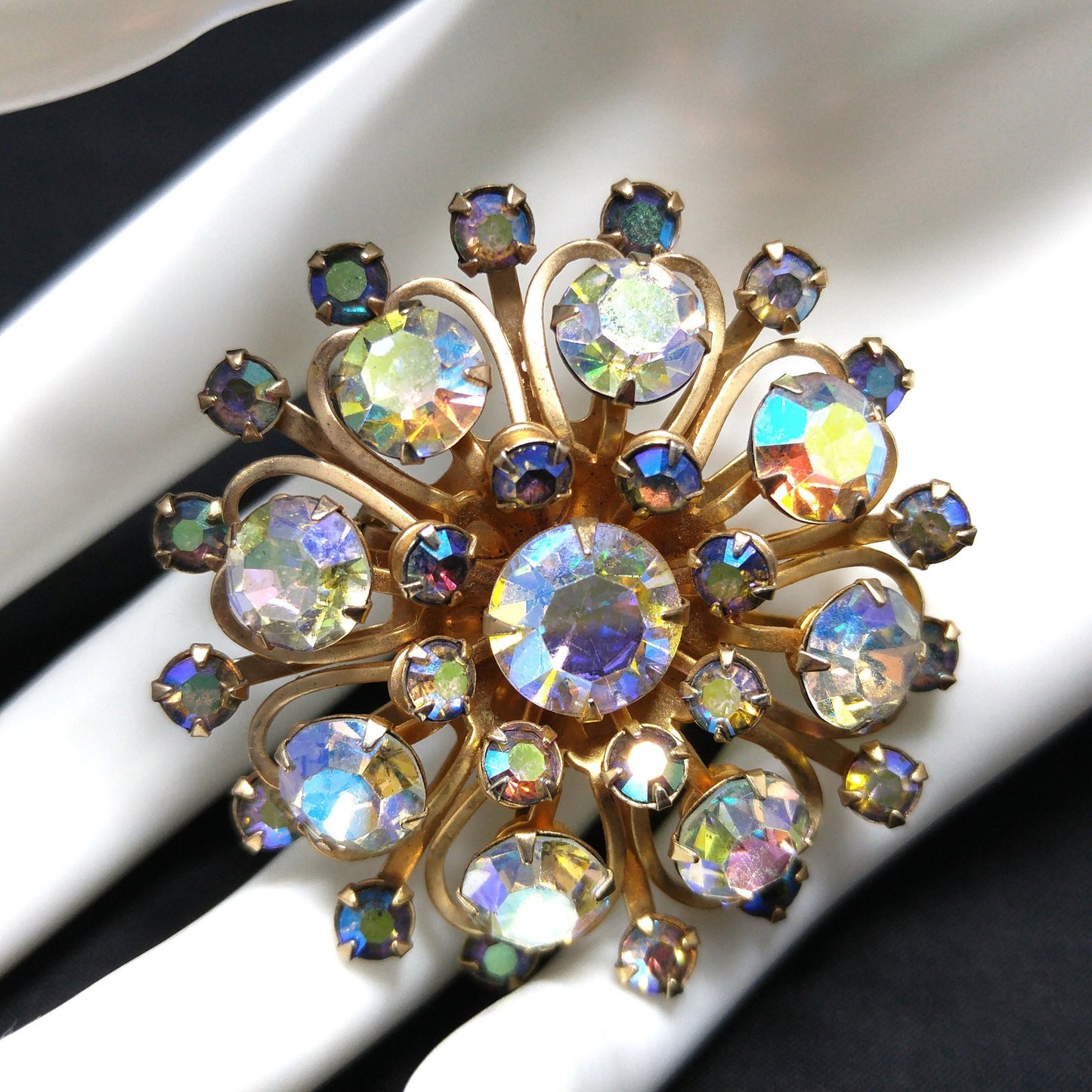 Aurora Borealis Rhinestones Brooches, Mid Century, 1950s Vintage Jewelry