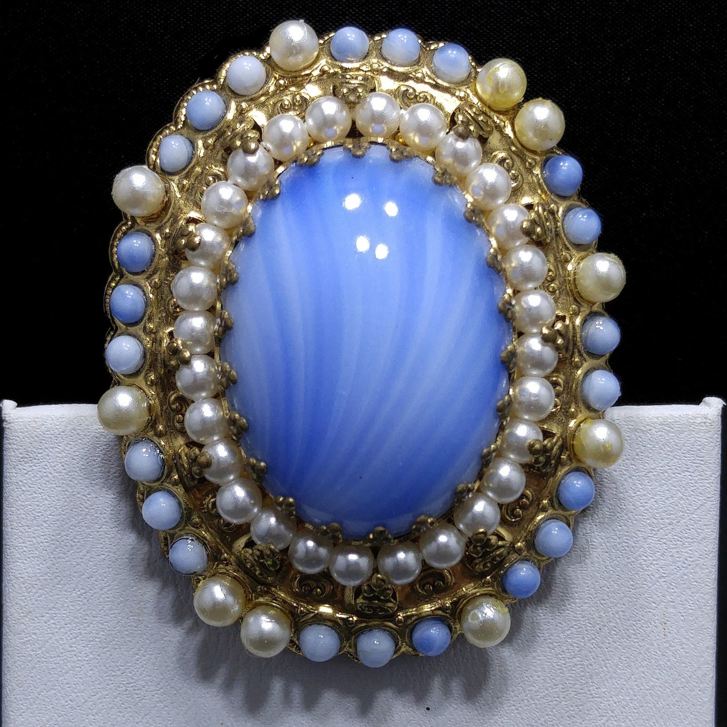 West Germany Blue Glass Filigree Brooch, Faux Pearls, 1950s Vintage Jewelry