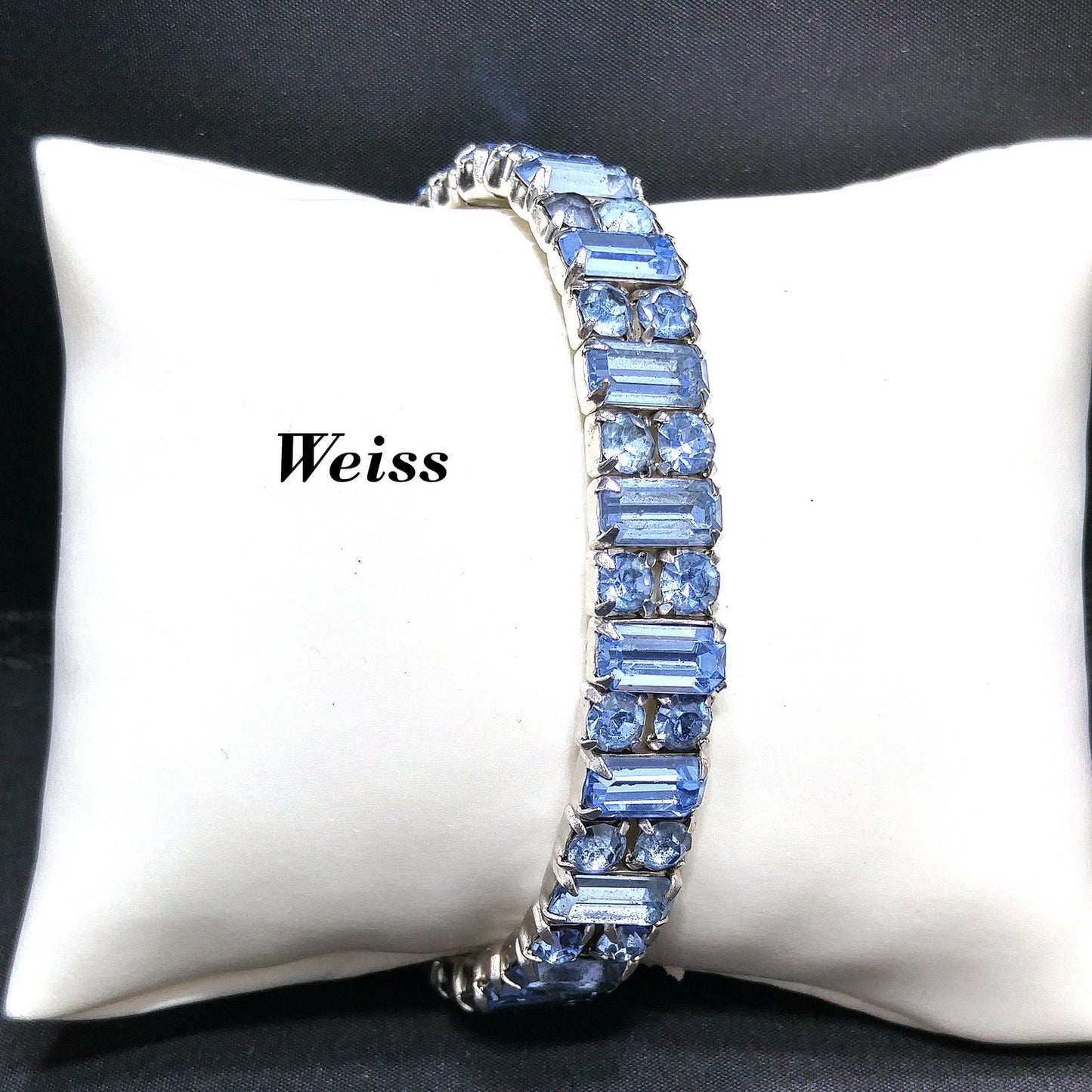 Weiss Baby Blue Rhinestone Cuff Bracelet – 1960s Baguette & Chaton Cut Rhodium Plated