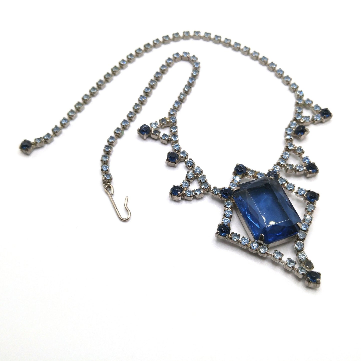 Mid-Century Blue Glass Pendant Necklace, Dark Light Blue Rhinestones, 1950s Vintage Jewelry