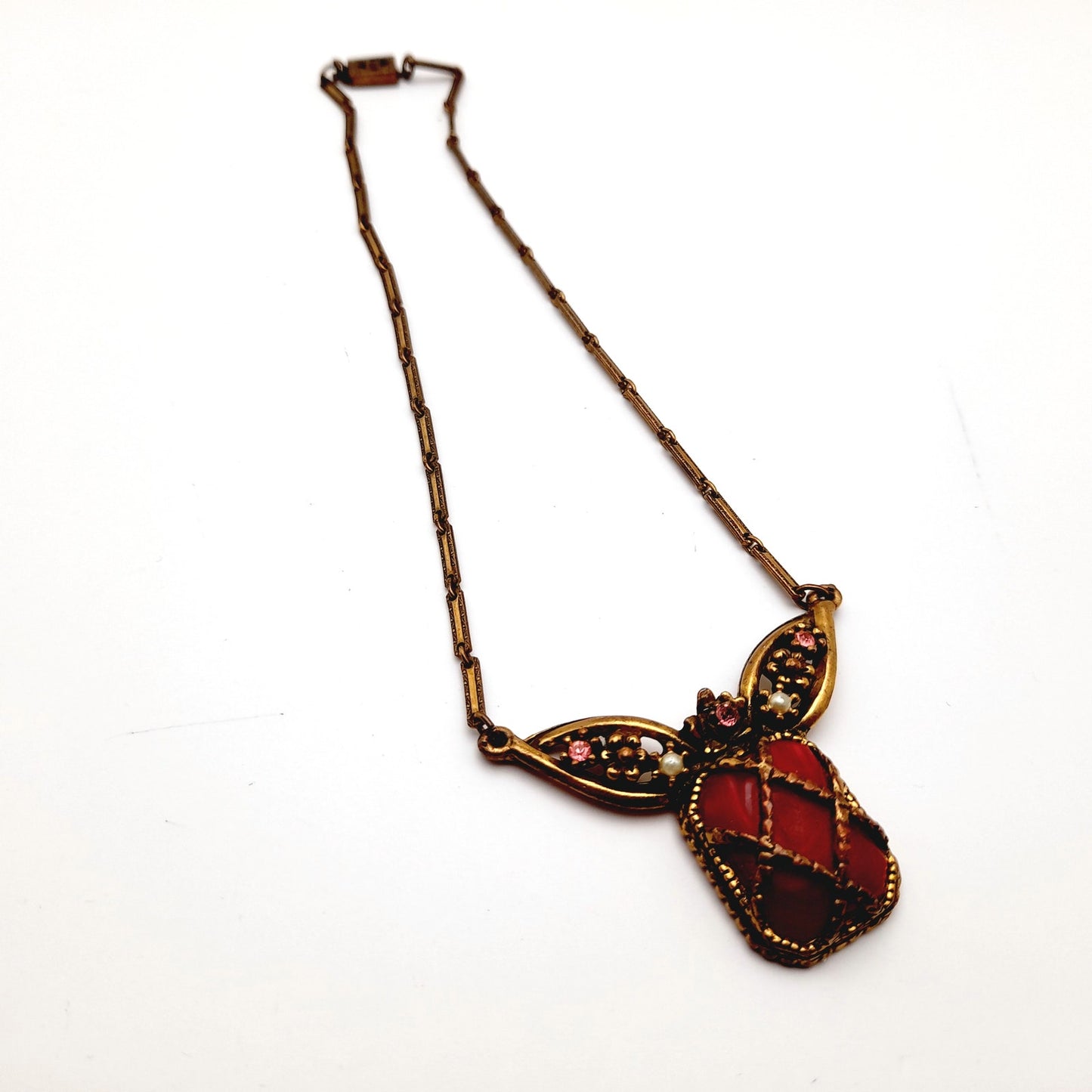 Vintage 1920s Red Thermoset Rhinestone Pendant Necklace, Art Deco, Pot Metal