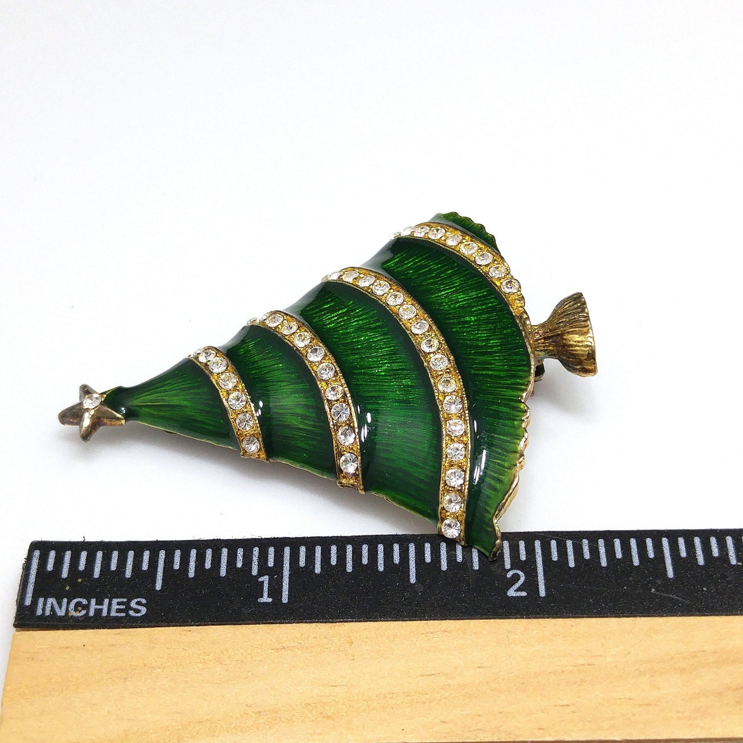 Eisenberg Ice Christmas Tree Brooch, Green Enamel, Gold Plate, 1960s Vintage Jewelry
