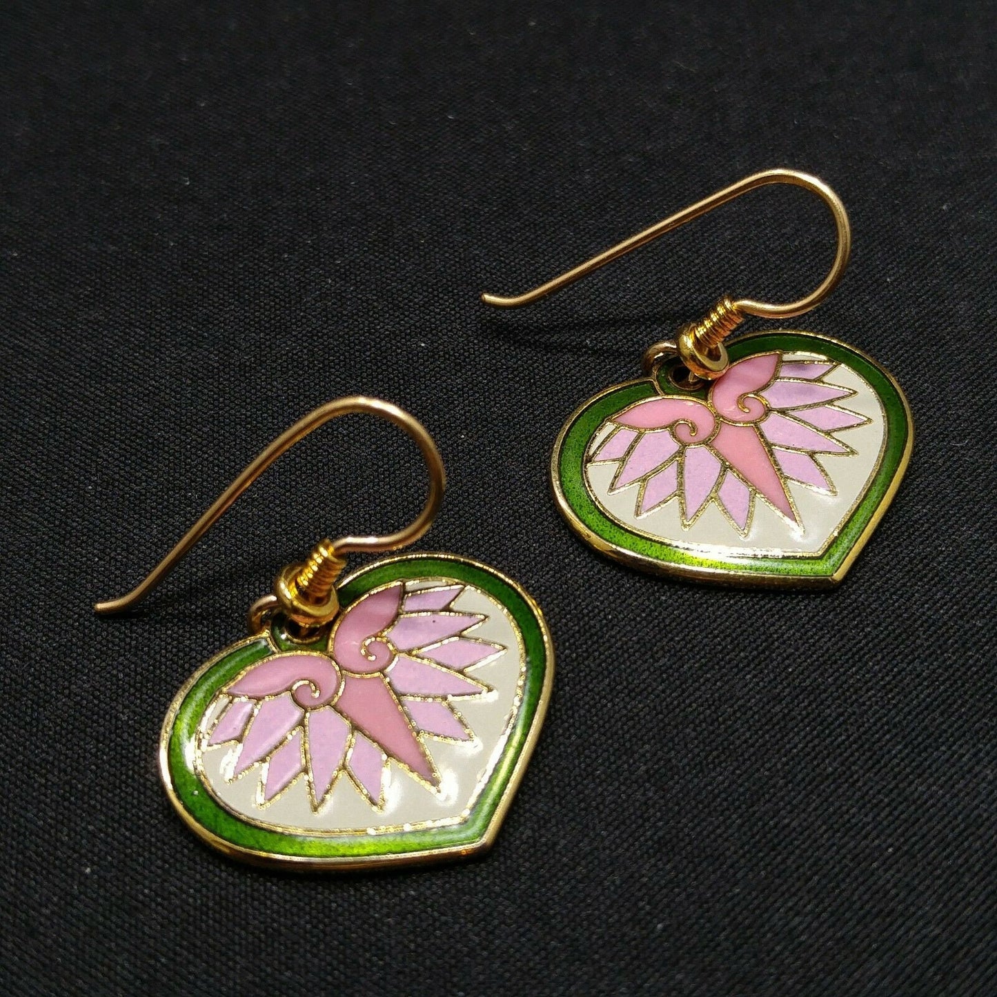 Laurel Burch Hollyhock Floral Earrings, Gold Plated Cloisonne, Enamel, 1980s