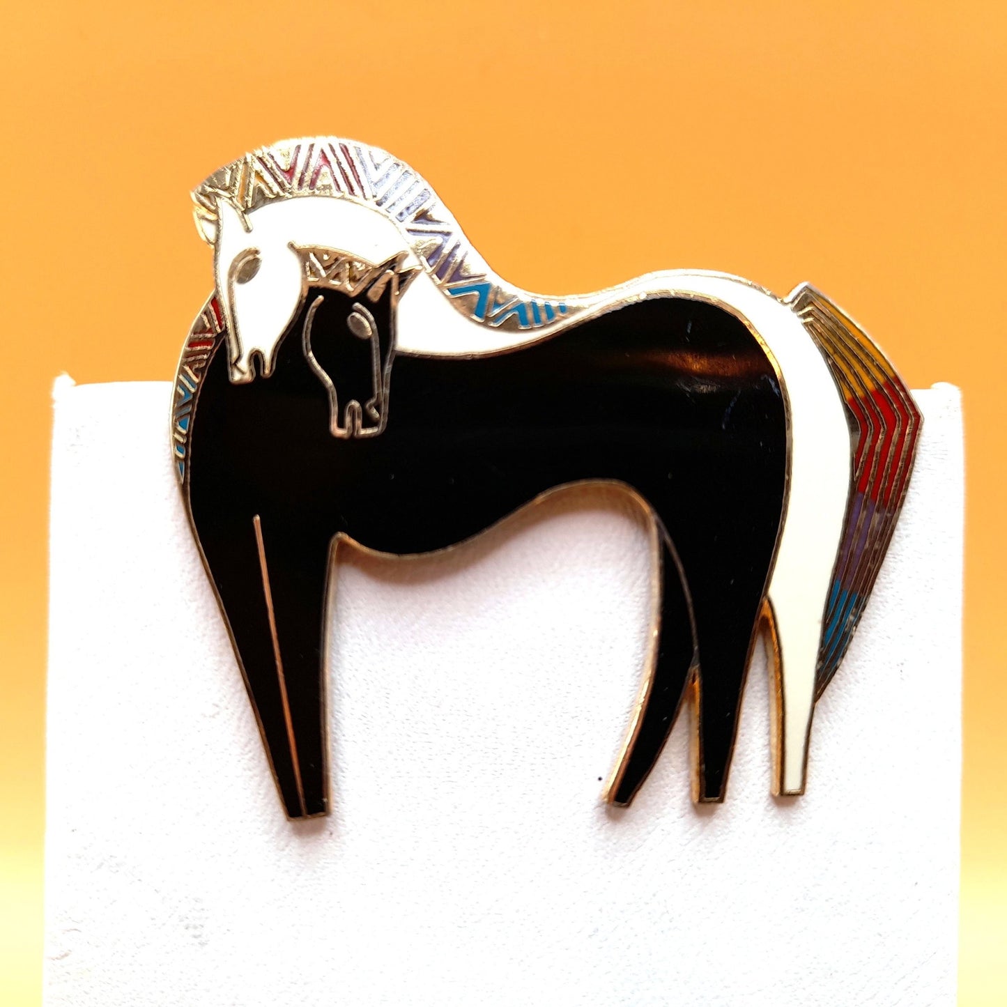 Laurel Burch "Embracing Horses" Brooch, Gold Plated, Black White Horse, 1980s Vintage Jewelry