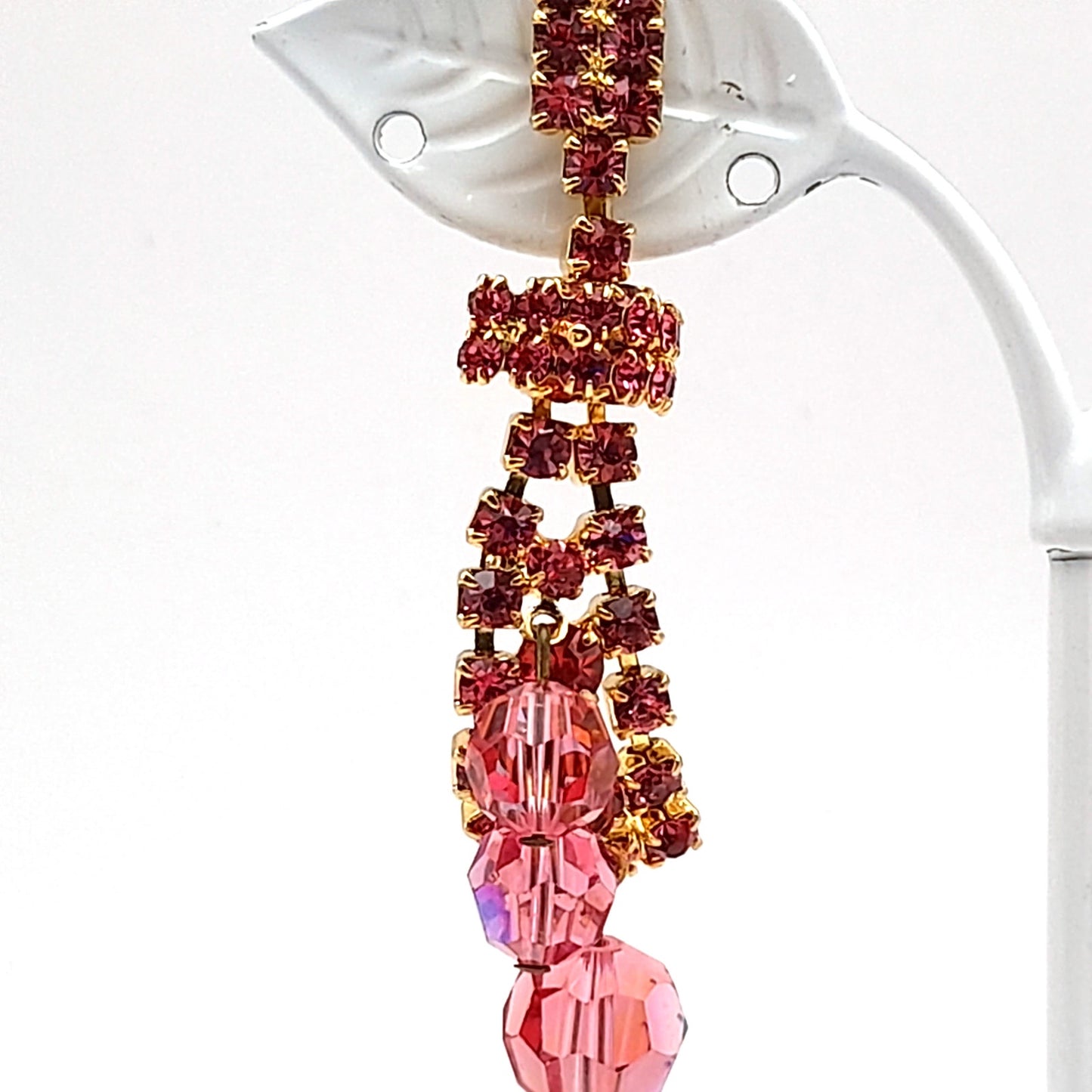 Vintage Pink Rhinestone Crystal Drop Clip On Earrings