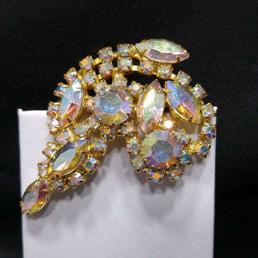 Aurora Borealis Rhinestone Brooch, Gold Plated, AB Clear Rhinestones, 1960s Vintage Jewelry