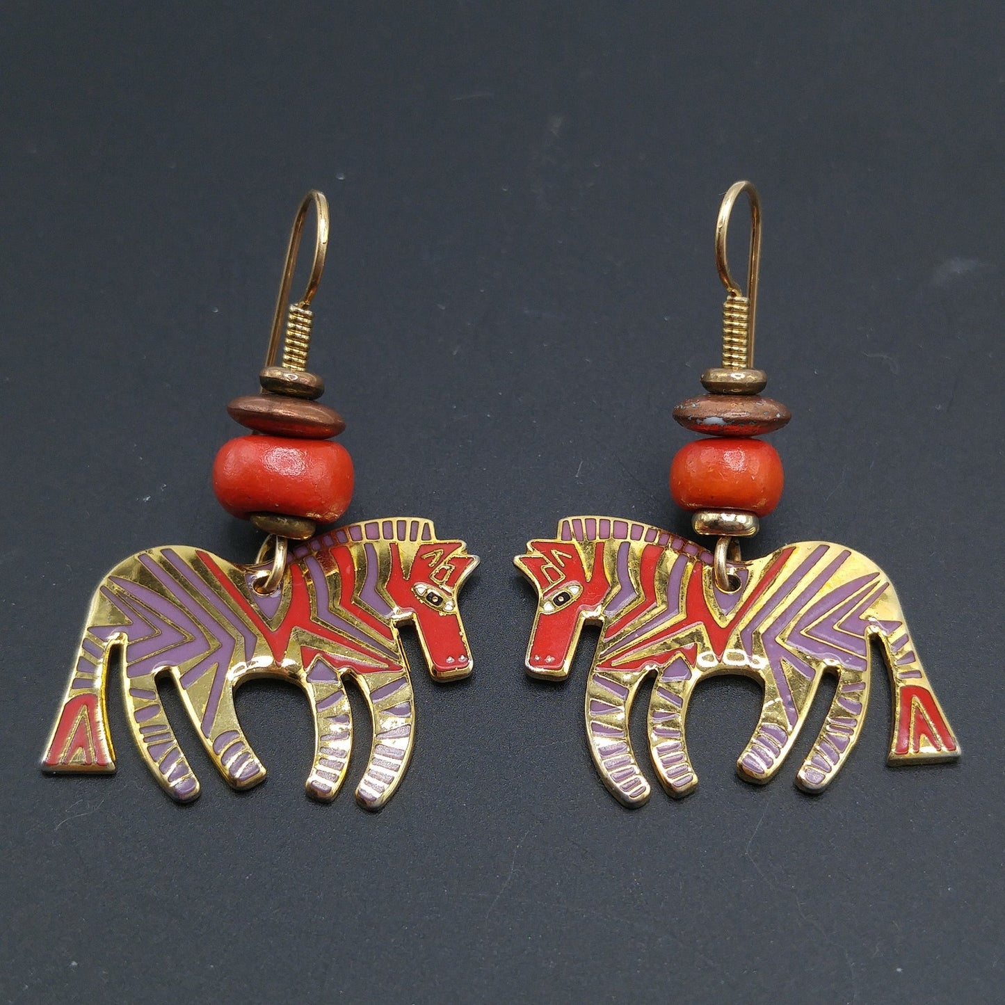 Laurel Burch "Wild Zebra" Earrings, Red Lavender Enamel, Gold Plated, 1980s Vintage Jewelry