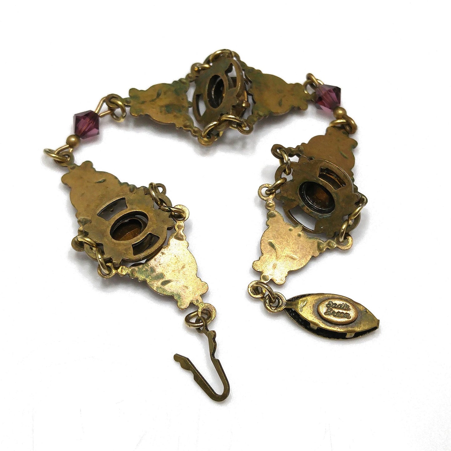 Sadie Green Art Nouveau Purple Bracelet, Golden Brass & Faux Amethyst, 6 3/4" Length, 1980s Vintage Jewelry