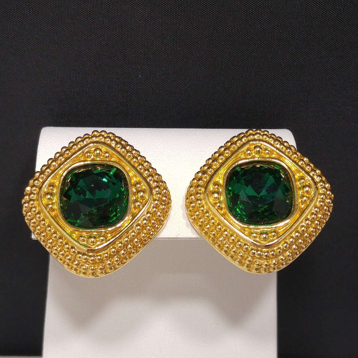 Swarovski Swan Logo Earrings, Emerald Green Crystal, Gold Plated Clip On, 1980s Vintage Jewelry