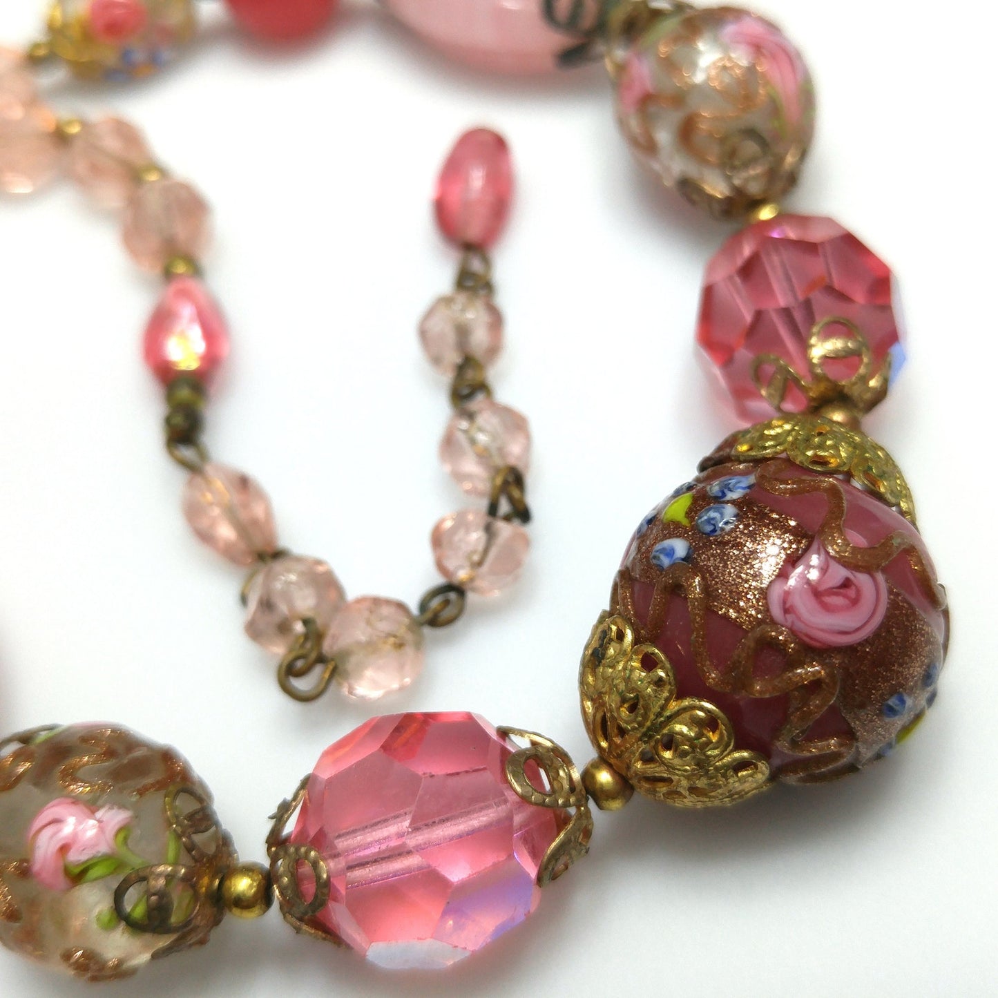Wedding Cake Pink Choker Necklace, Crystal & Molded Beads, 1940s Vintage Jewelry