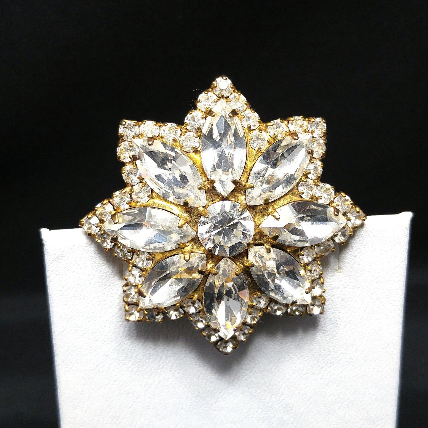 Eisenberg Ice Clear Rhinestone Flower Brooch, Gold Plated, 1960s Vintage Jewelry