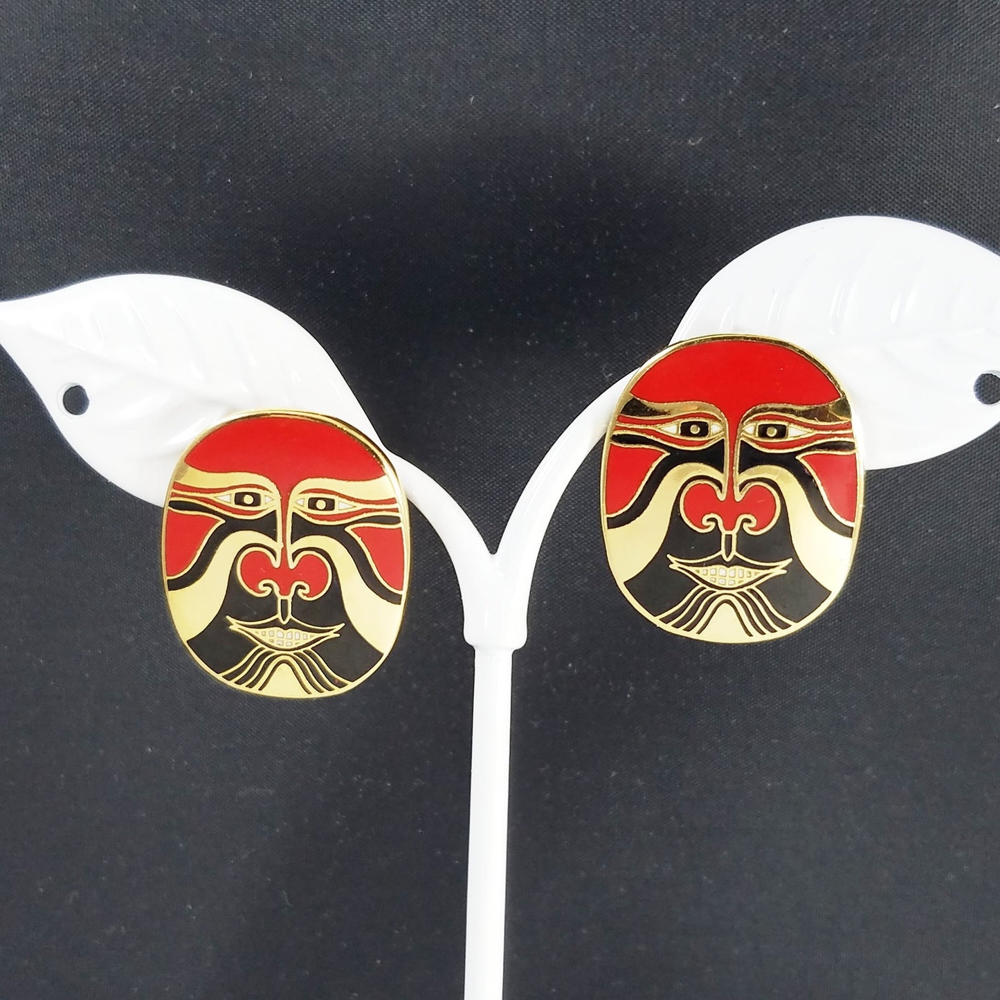 Vintage Laurel Burch "Eiko" Mask Earrings, Red Tribal Pierced Earrings, 1990s