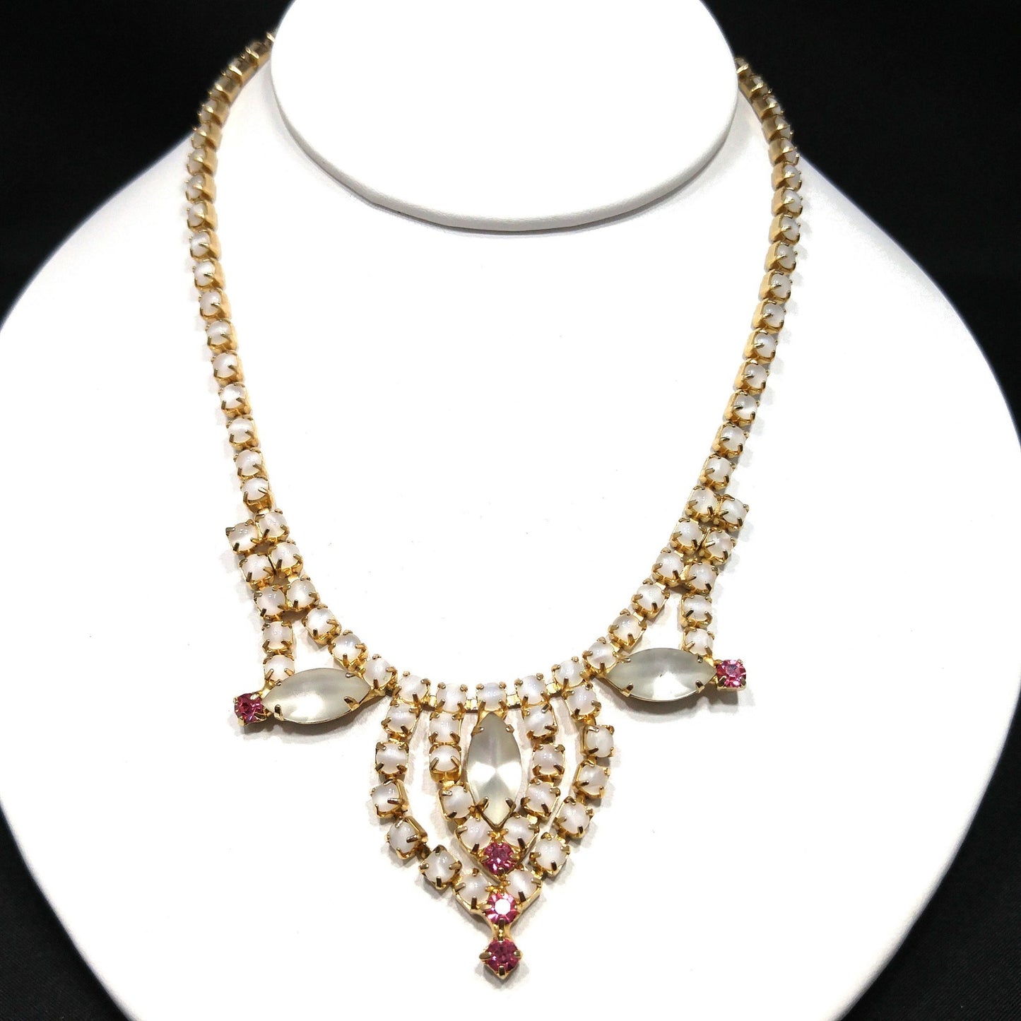 Frosty White Pink Rhinestone Necklace, Gold Plated, 1960s Vintage Jewelry