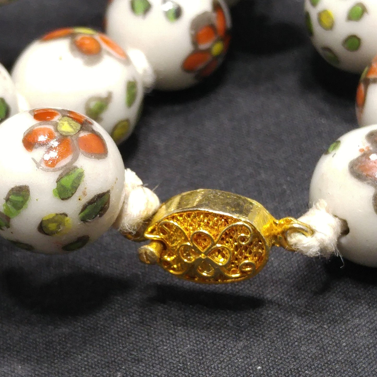 Vintage Ceramic Hand Painted Bead Necklace, Chinese Import, Hand-Knotted, 1960s