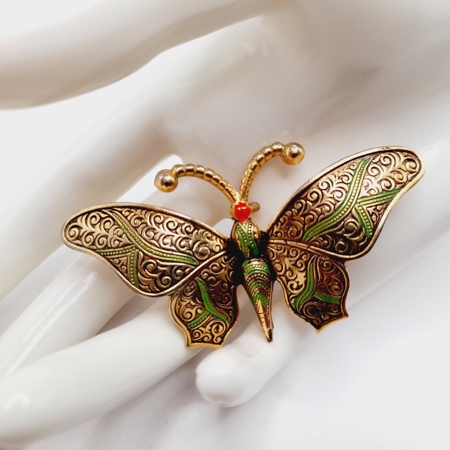 Vintage Damascene Butterfly Brooch, Gold Tone Green Black Red Enamel – 2 ¾”
