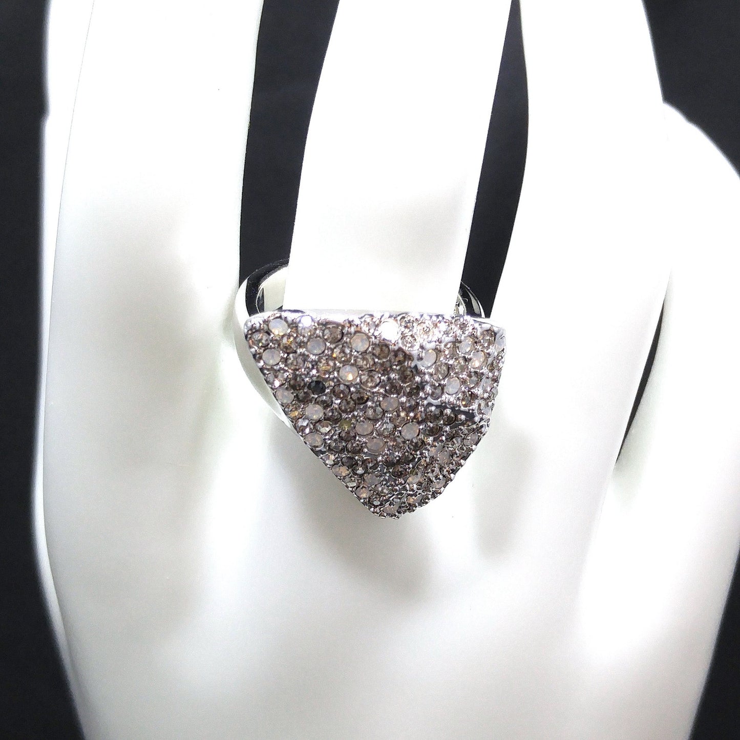 Swarovski Rhinestone Cocktail Ring, Triangular Shape, Clear Smoky & Faux Opal Crystals, Vintage Size 8.5, Swan Logo