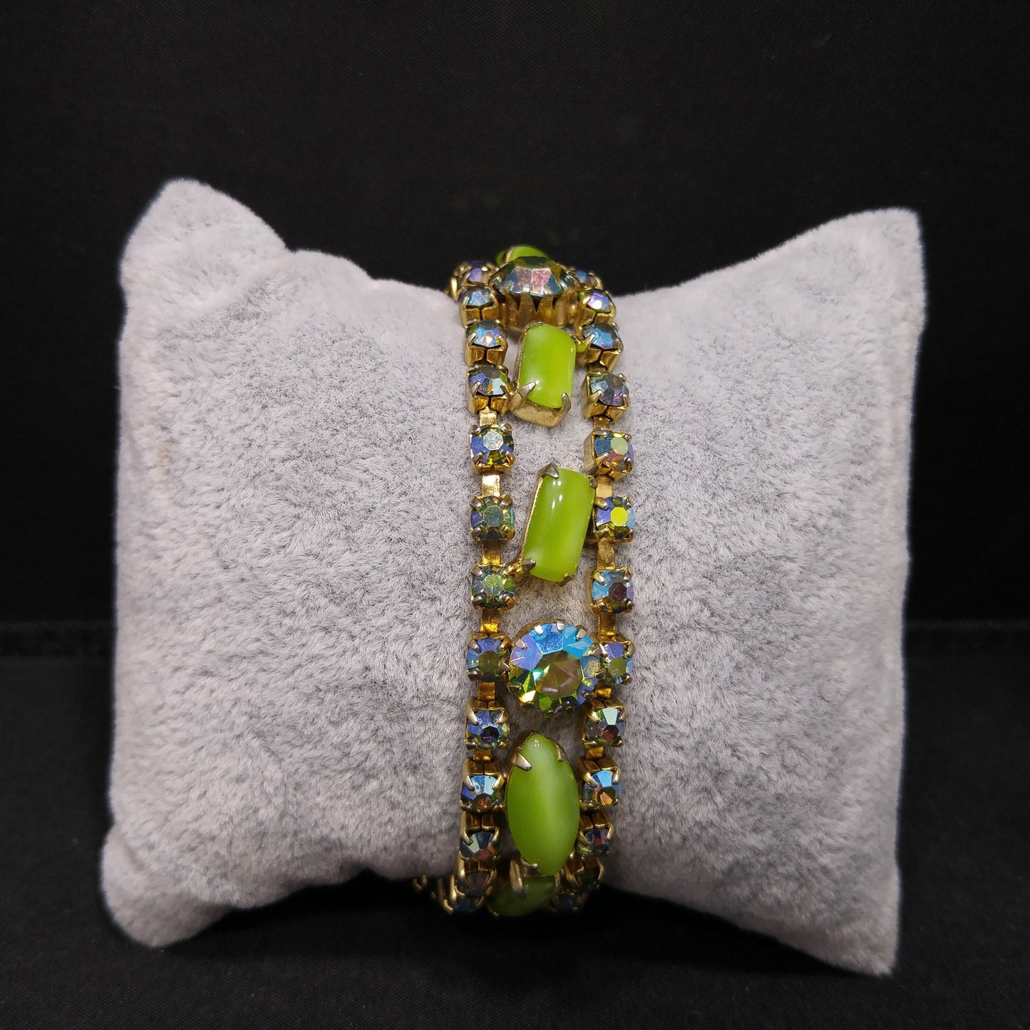 Mid-Century Green Blue AB Rhinestone Bracelet, Aurora Borealis, 1950s Vintage Jewelry