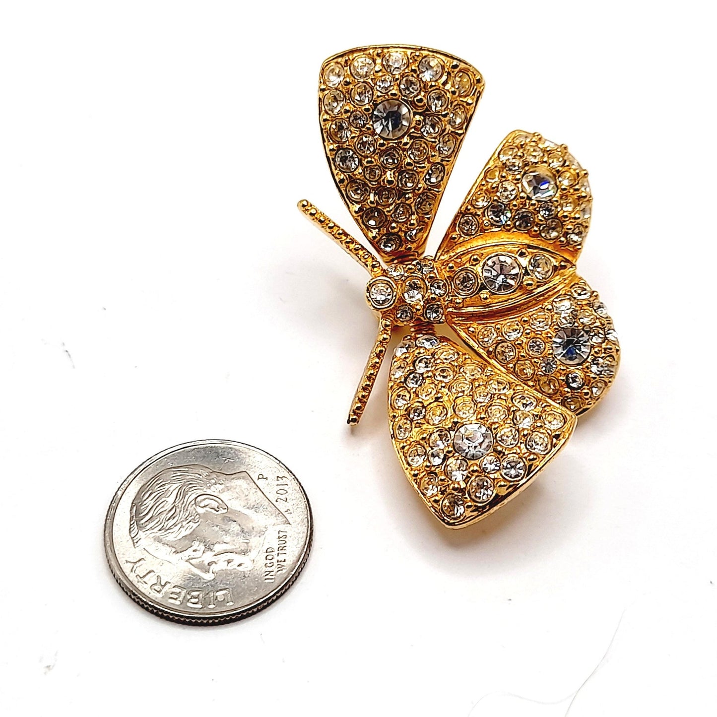 Vintage Joan Rivers Trembler Butterfly Brooch – Gold Plated Rhinestone Moth Pin – Designer Signed