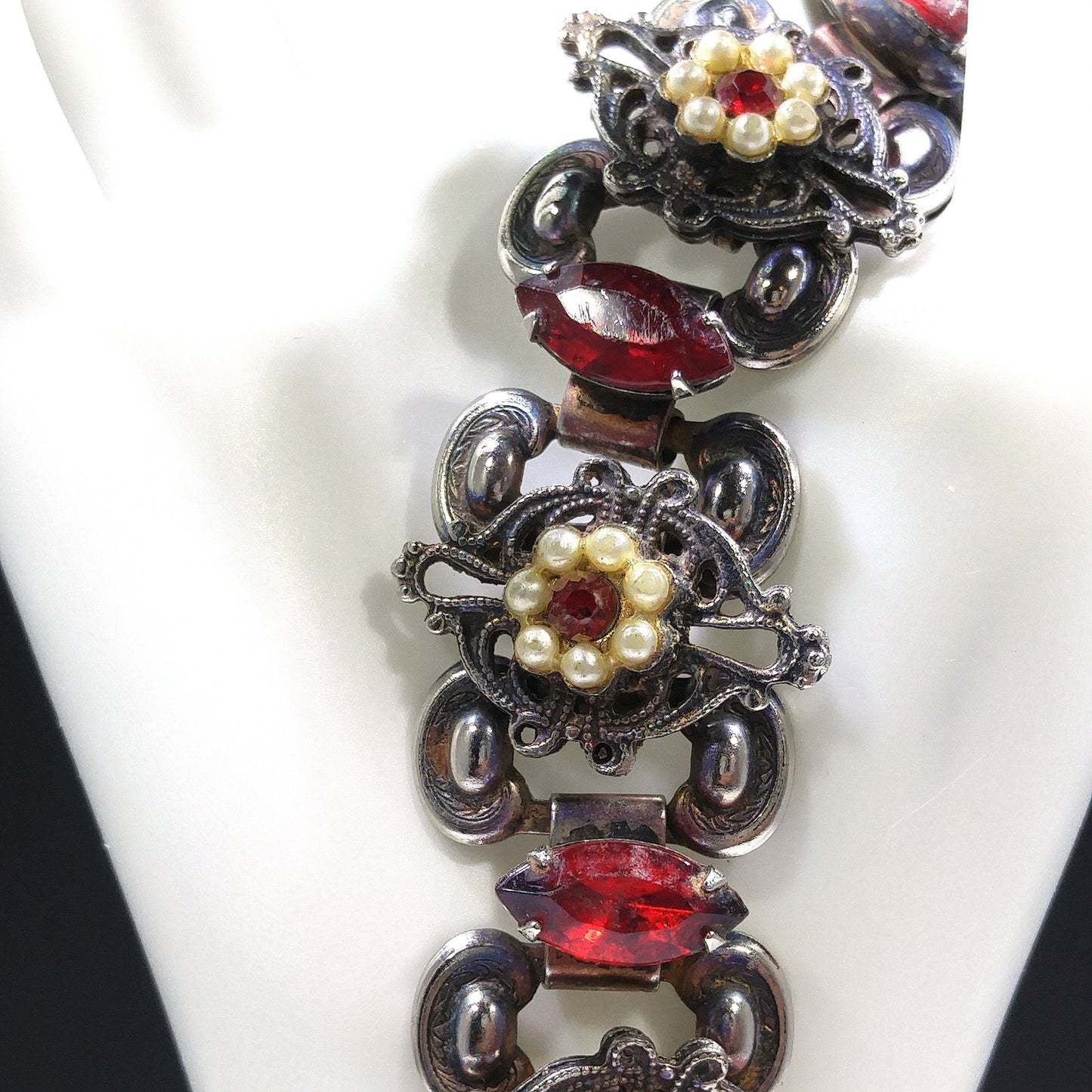 Victorian Red Rhinestone Book Chain Bracelet, Faux Pearl Flowers, 1940s Vintage Jewelry