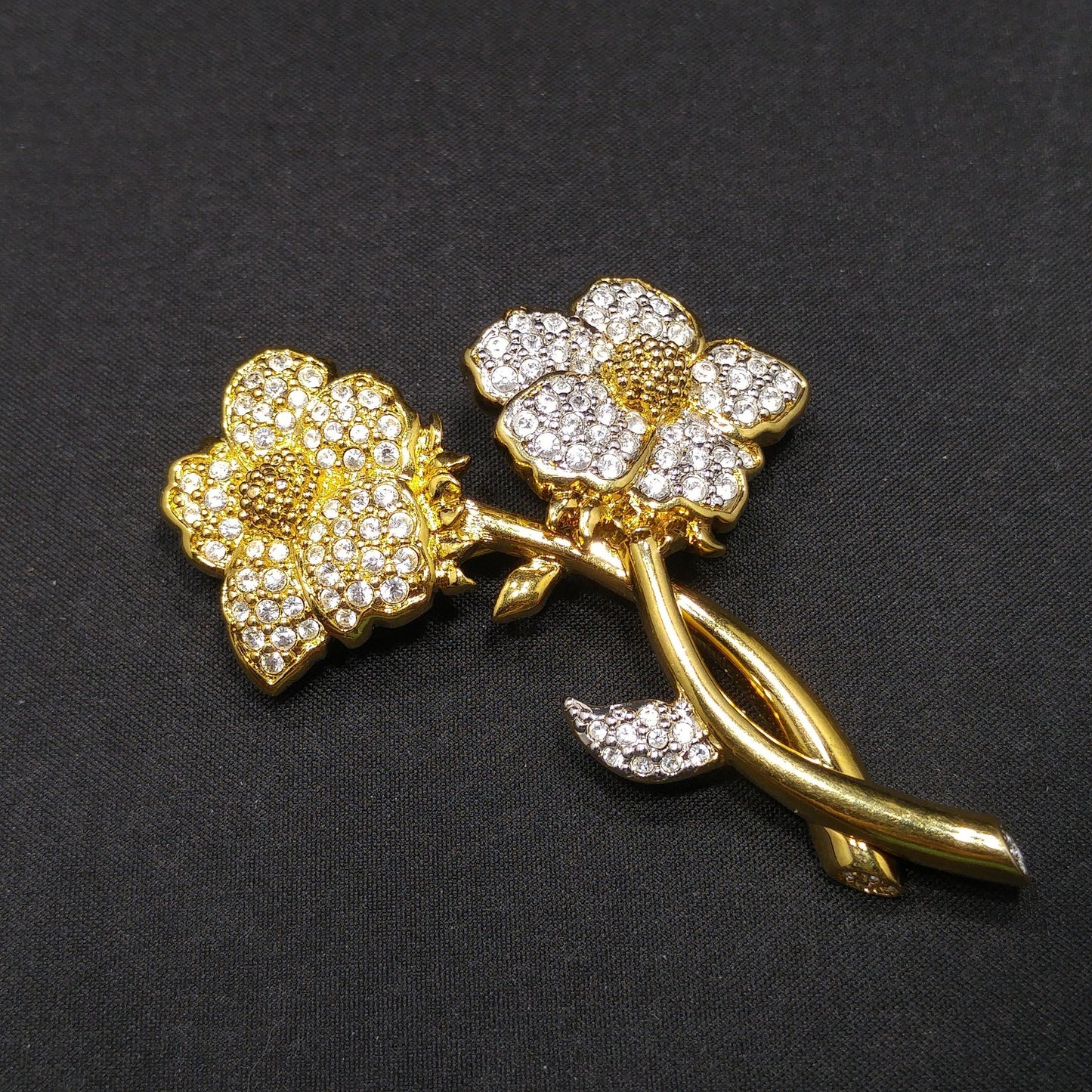 Vintage Swarovski Year 2000 Two Flower Brooch – Gold Plated with Clear Rhinestones
