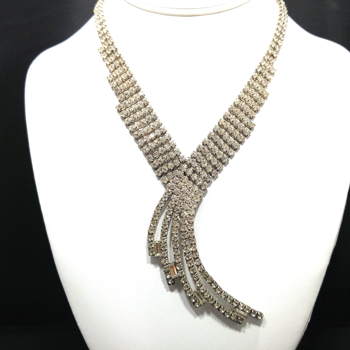 Vintage 1950s Rhinestone Statement Necklace – Five Strand Fringe Drop – Clear Crystal Bridal Jewelry