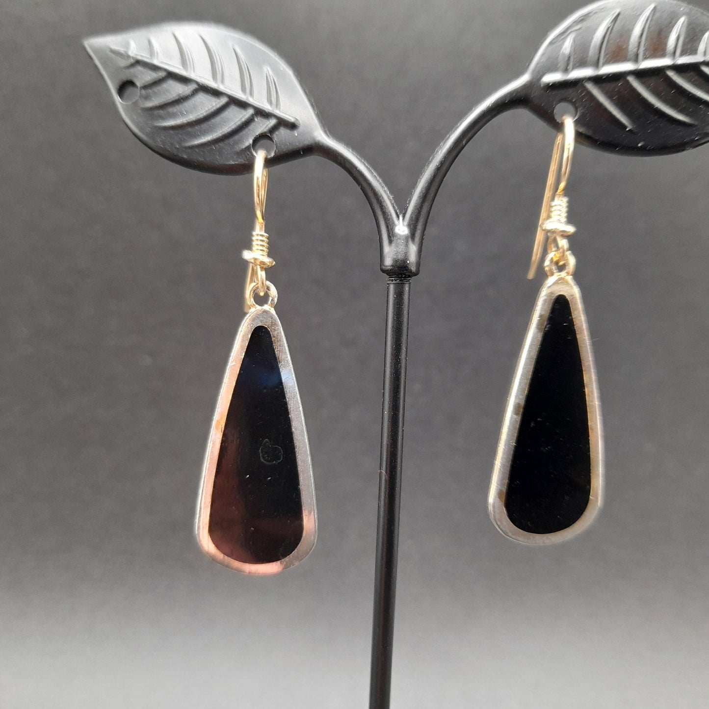 Vintage Laurel Burch Long Teardrop Black Enamel Earrings, Gold Plated 1980s