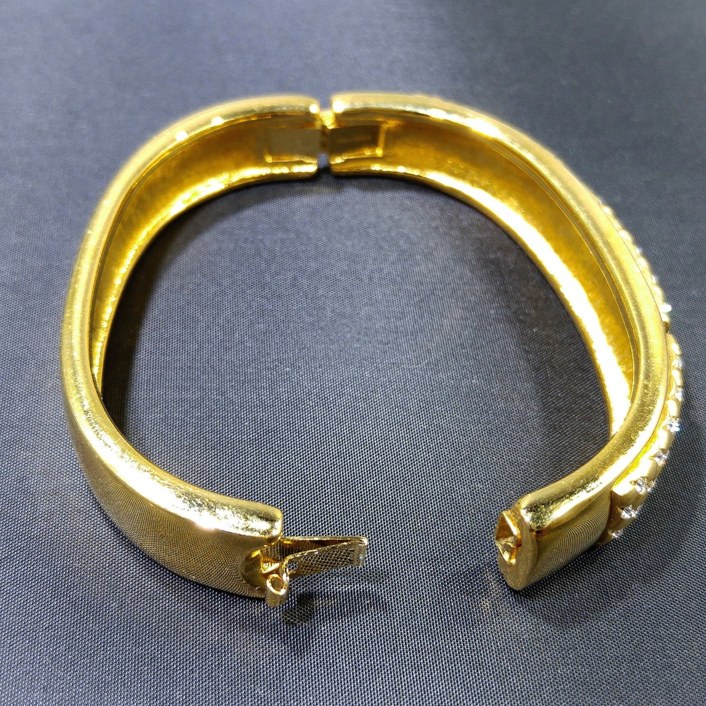 Vintage Swarovski Gold Plated Hinged Cuff Bracelet Clear Rhinestones Swan Logo