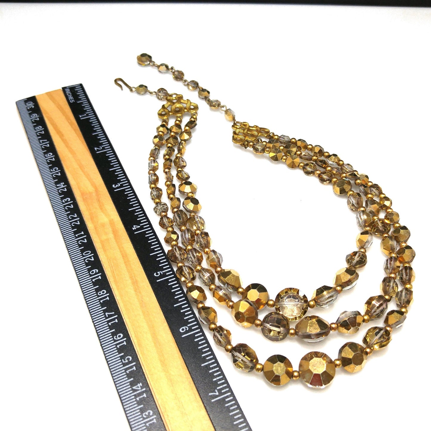 Mid-Century Gold Aspirin Crystal Bead Necklace, Three Strands, 1960s Vintage Jewelry