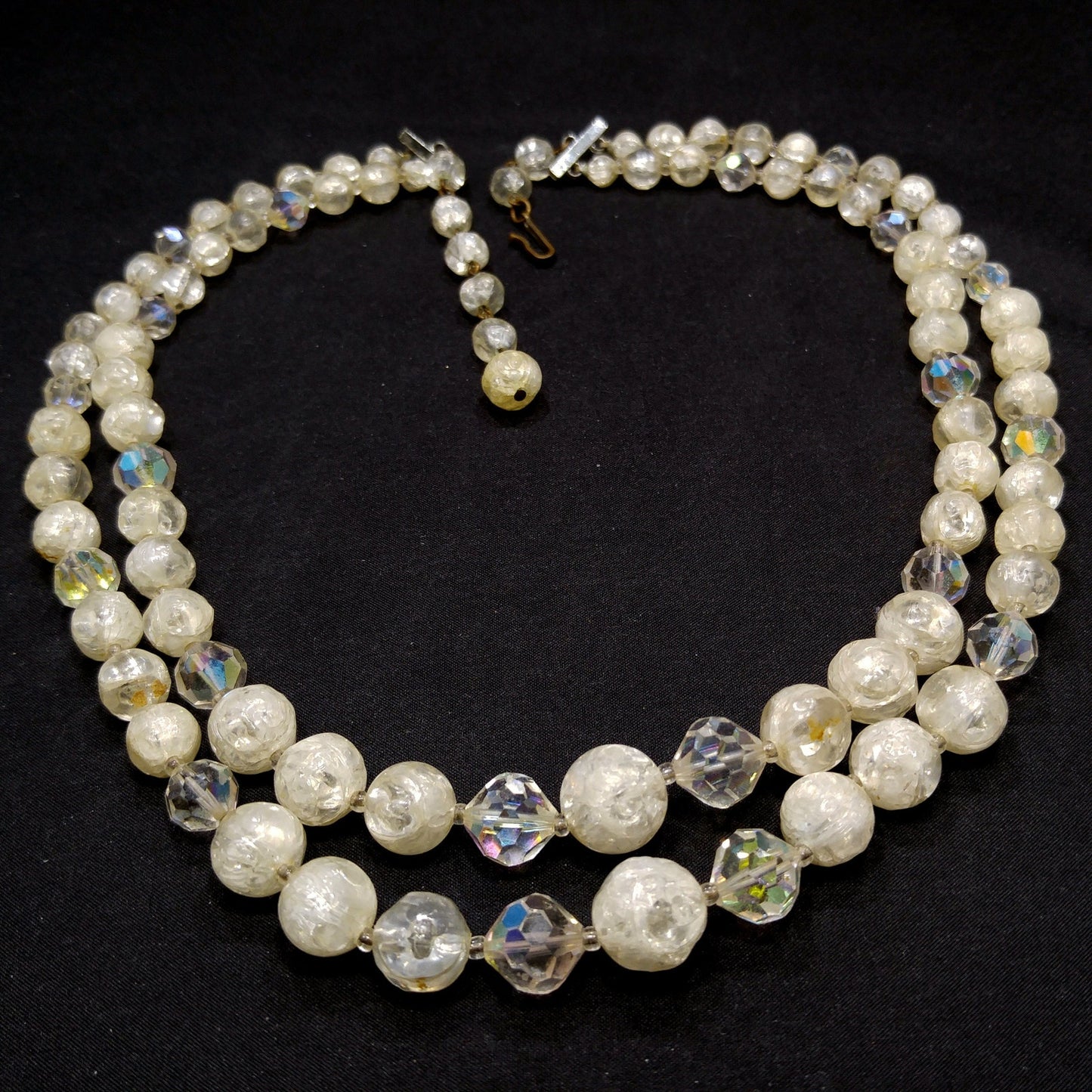 Laguna Crystal Bead Faux Crackle Glass Necklace, Lucite Beads, 1950s Vintage Jewelry