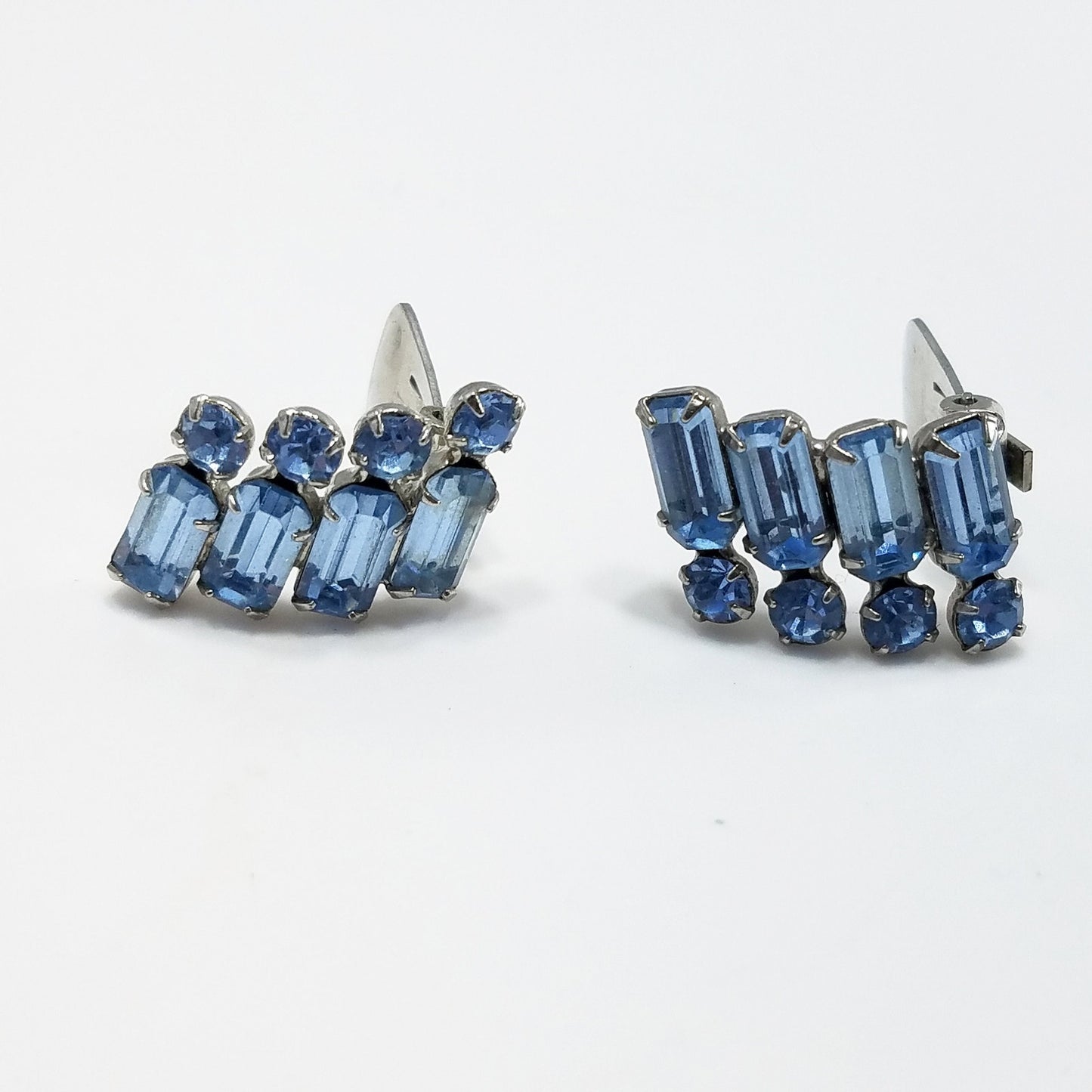 Vintage WEISS Powder Blue Clip Earrings, Silver Tone 1950s Austrian Crystal
