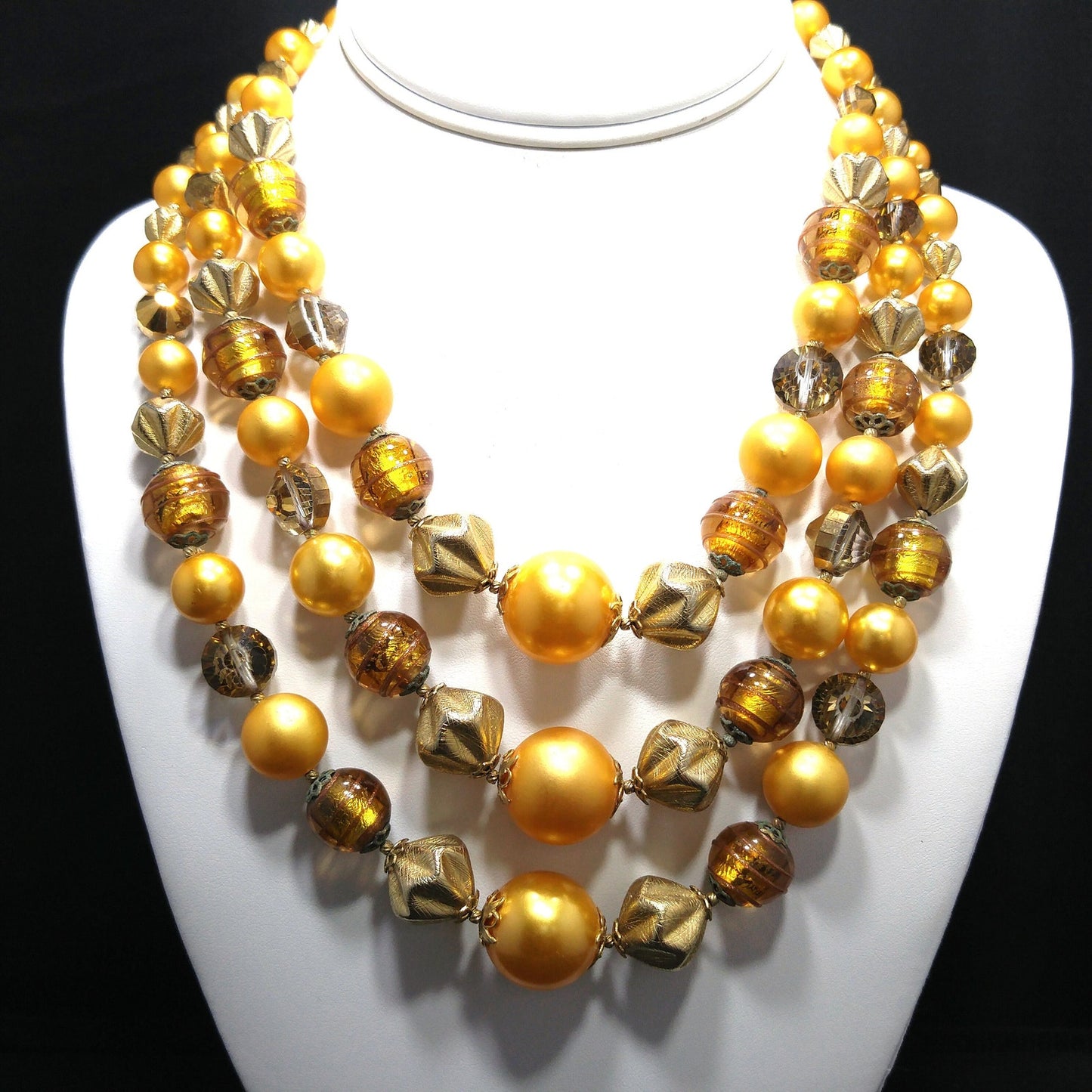 Vintage 1950s Gold Glass Bead Necklace, 3 Strand Mid-Century Statement Jewelry