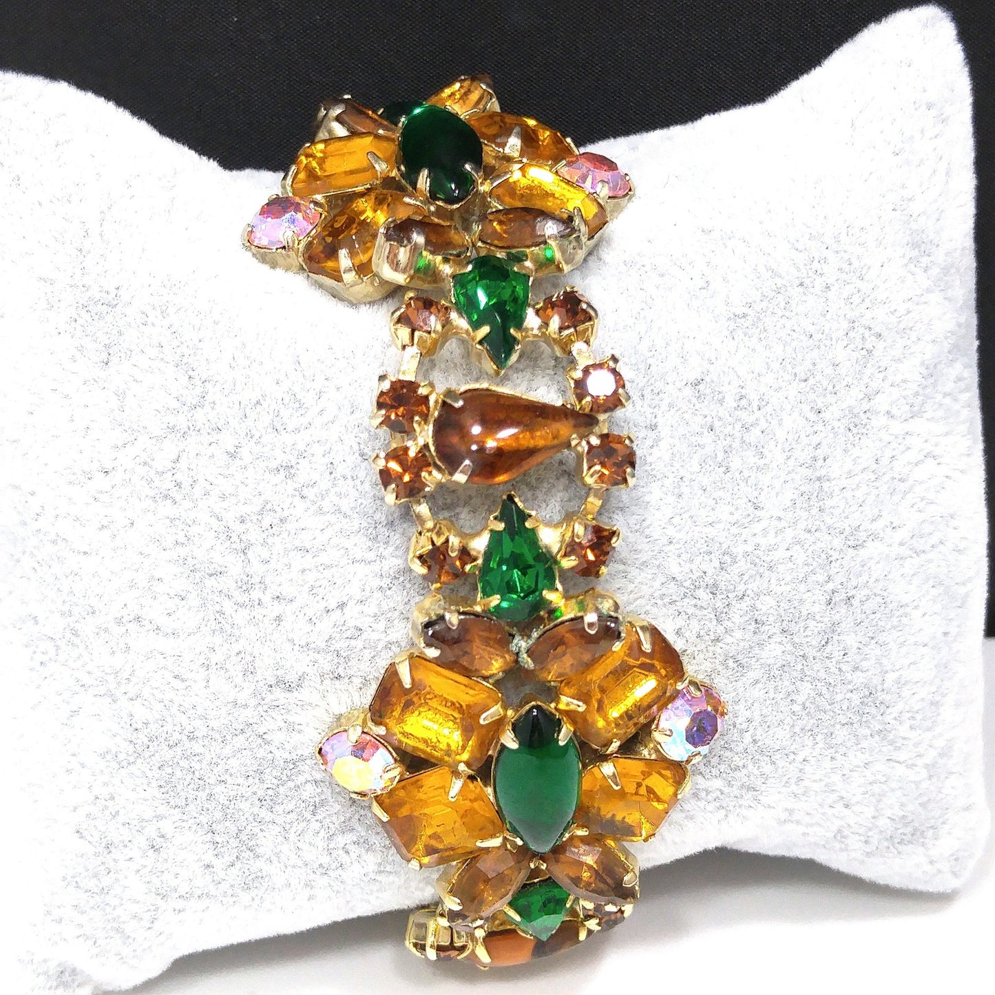Light Topaz & Green Rhinestone Bracelet, Gold Plated, Aurora Borealis, 1960s Vintage Jewelry