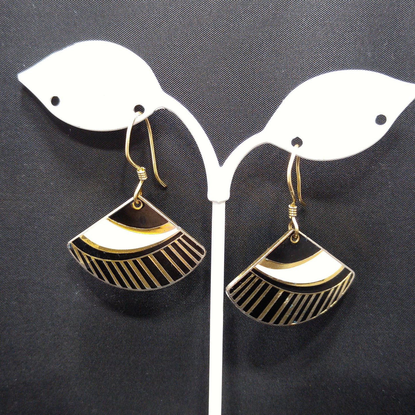 Vintage Laurel Burch Black White Gold Fan Drop Earrings, Gold Plated Enamel