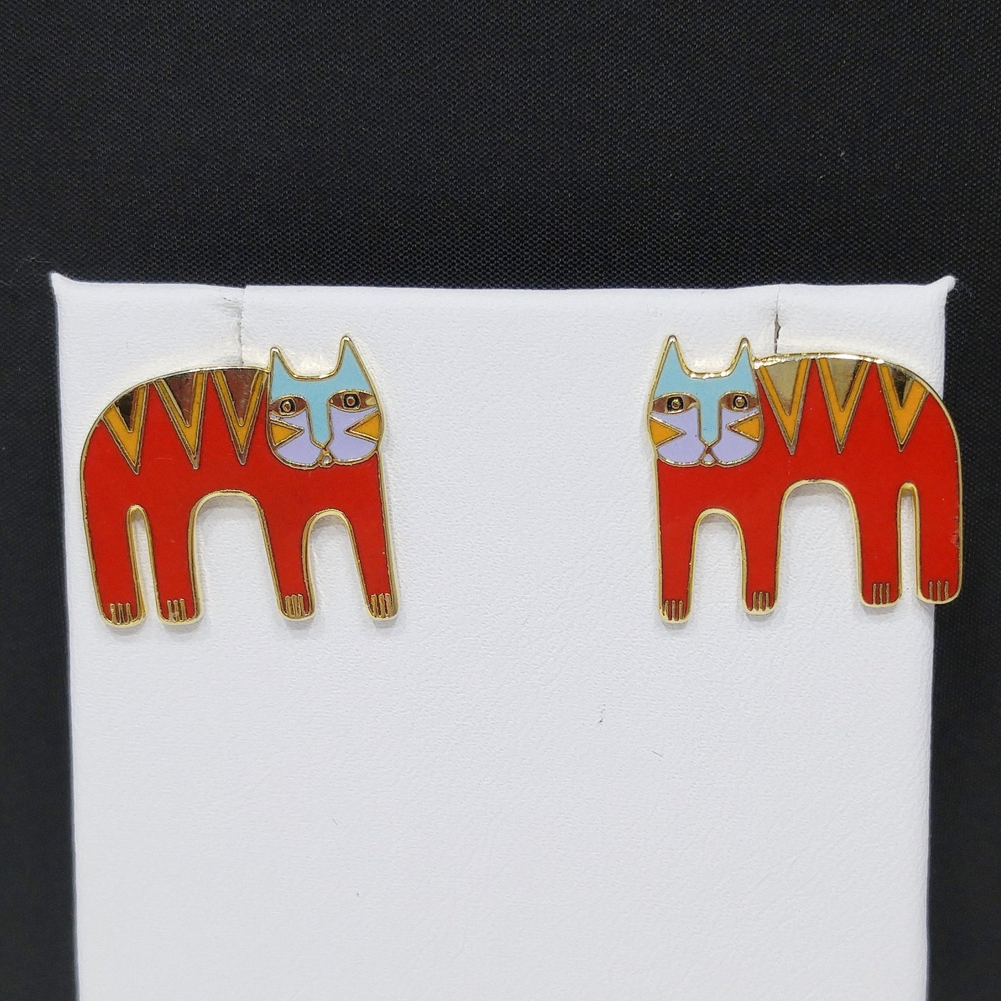 Vintage Laurel Burch Red Cat Post Earrings, Gold Plated Enamel