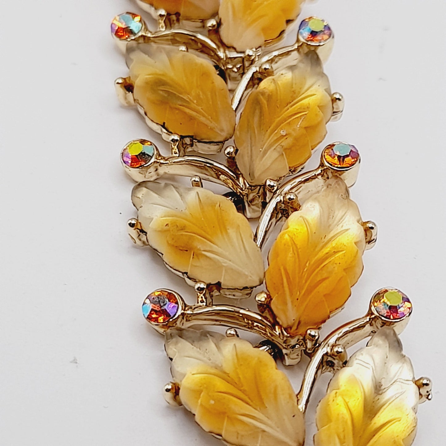 Vintage Kramer Golden Leaf Lucite AB Rhinestone Wide Bracelet