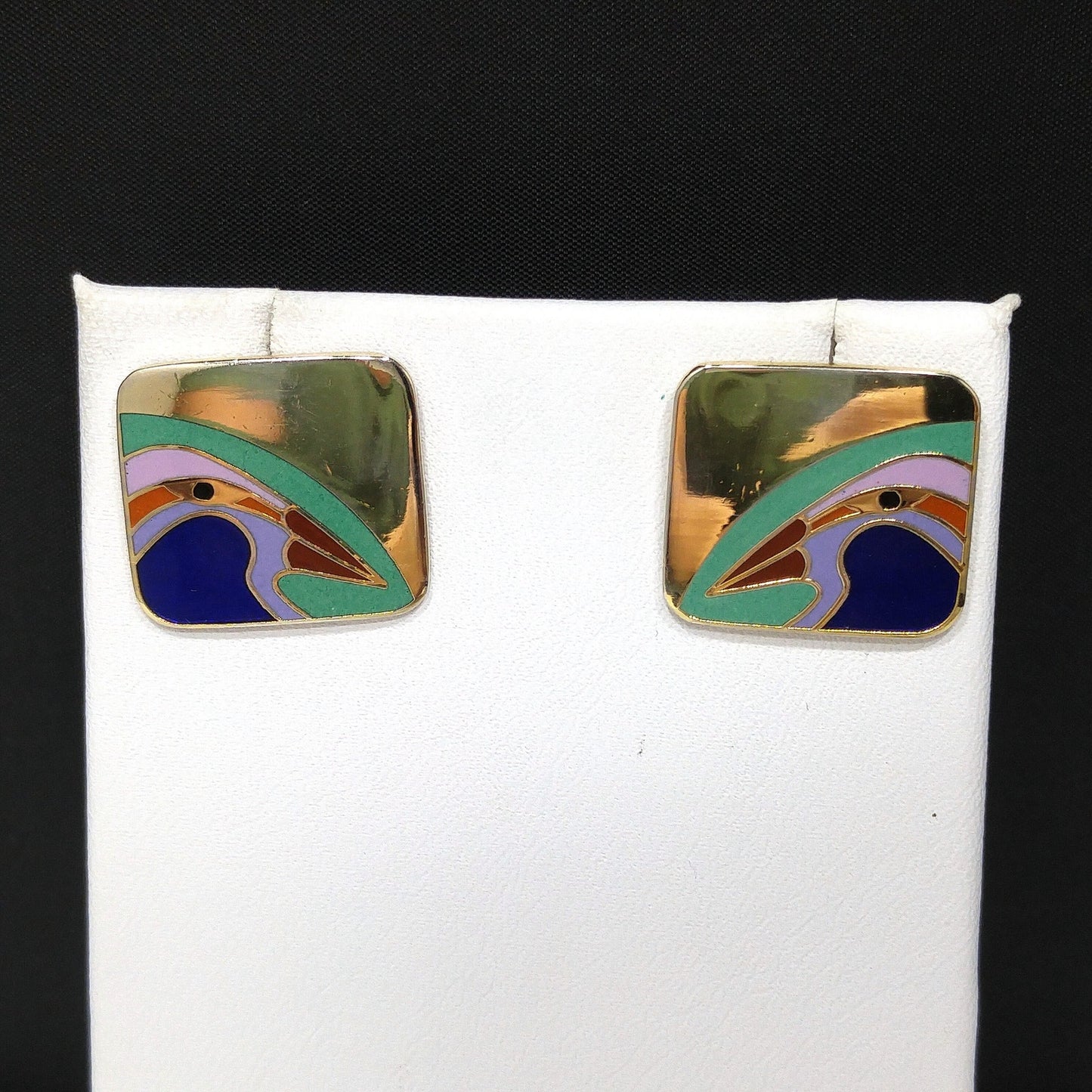 Laurel Burch Bird Post Earrings, Cloisonné Gold Plated, Enamel, 1980s Vintage