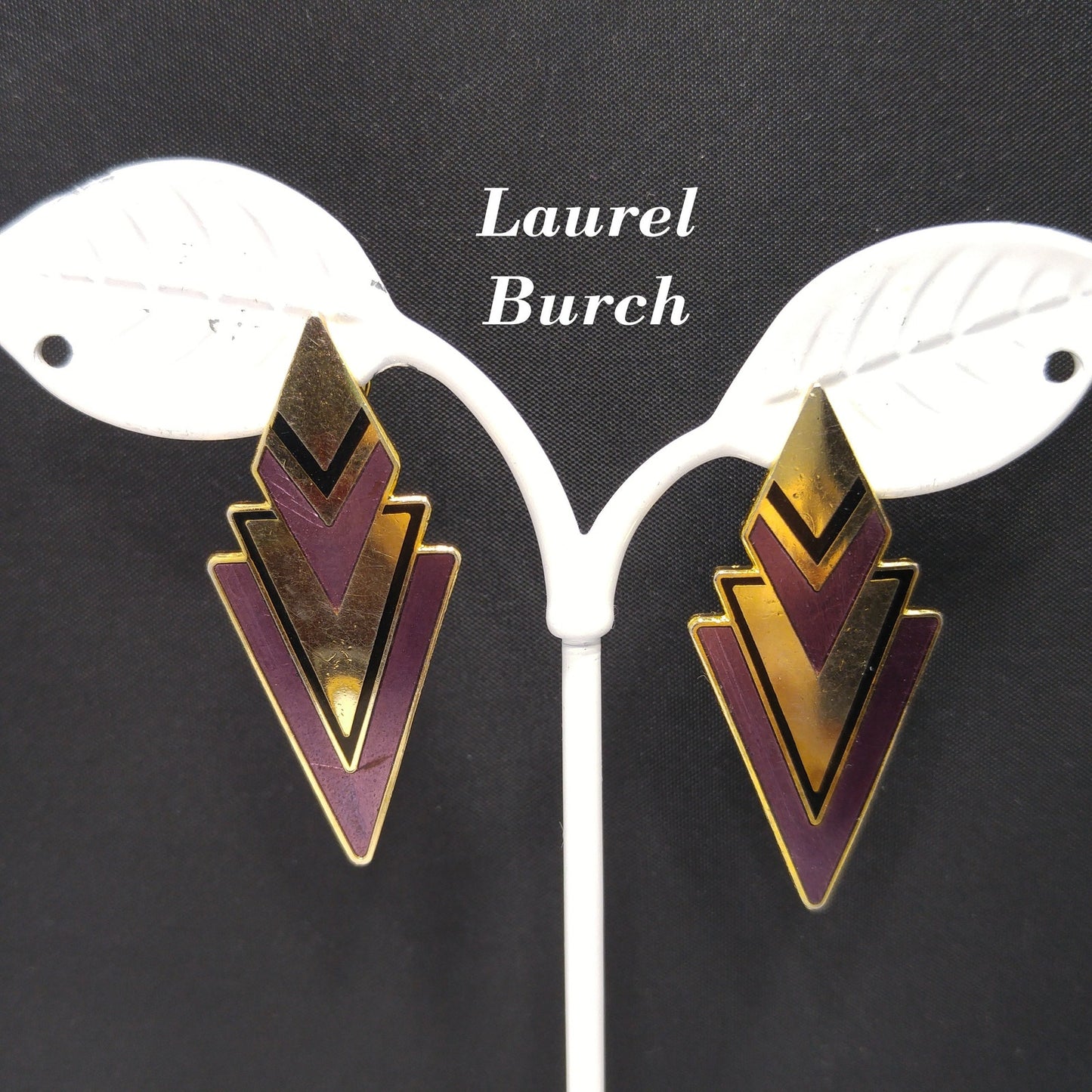 Vintage Laurel Burch Post Earrings, Gold Plated, Plum Black Enamel
