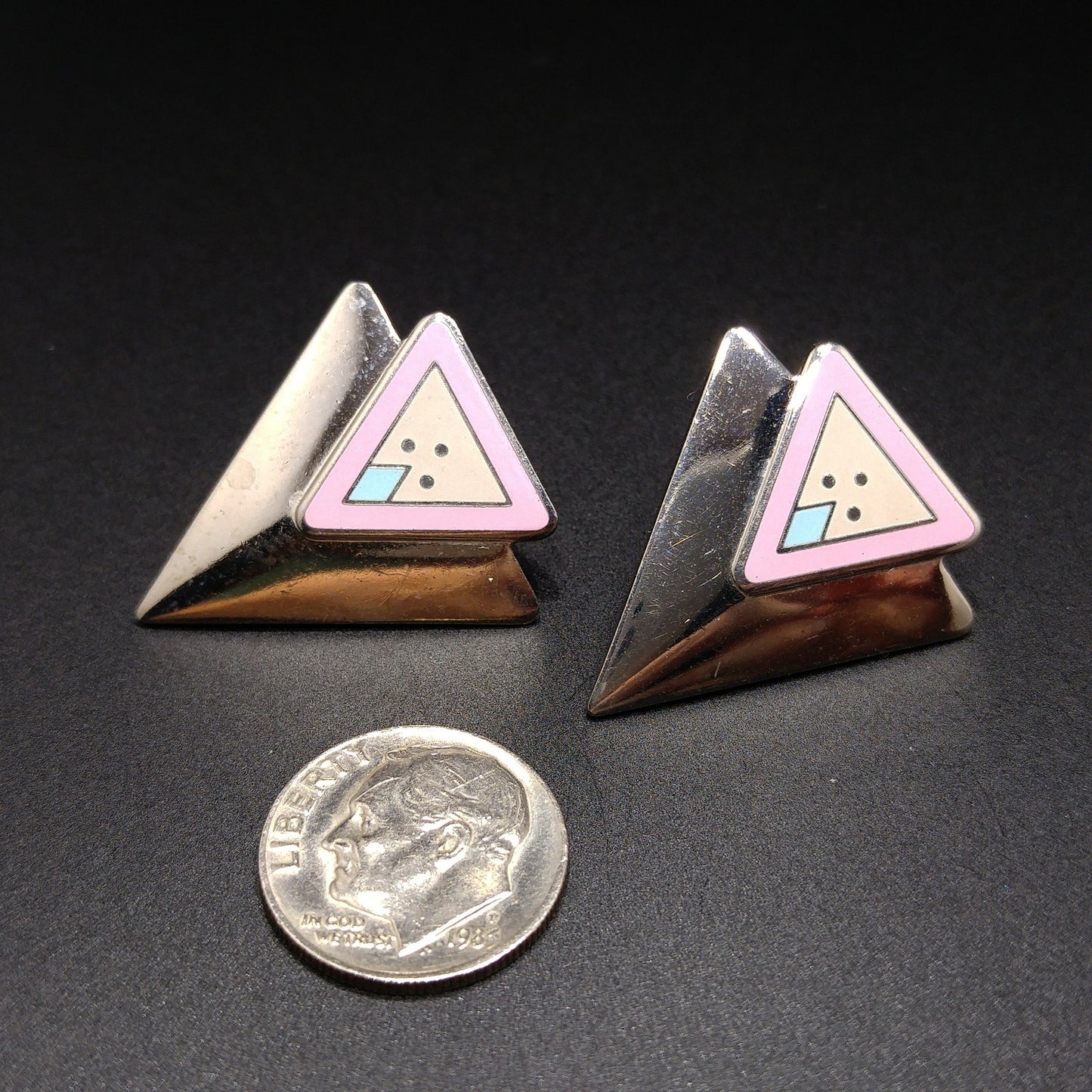 Vintage Laurel Burch "Anne" Triangle Post Earrings, Rhodium Plated, 1980s