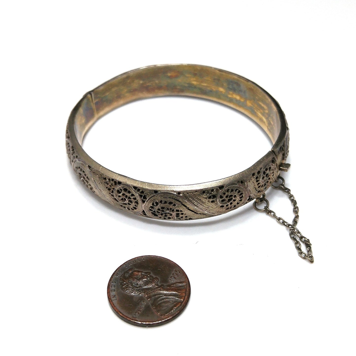 Art Nouveau Silver Filigree Hinged Bracelet, Gold Washed, 1920s Vintage Jewelry