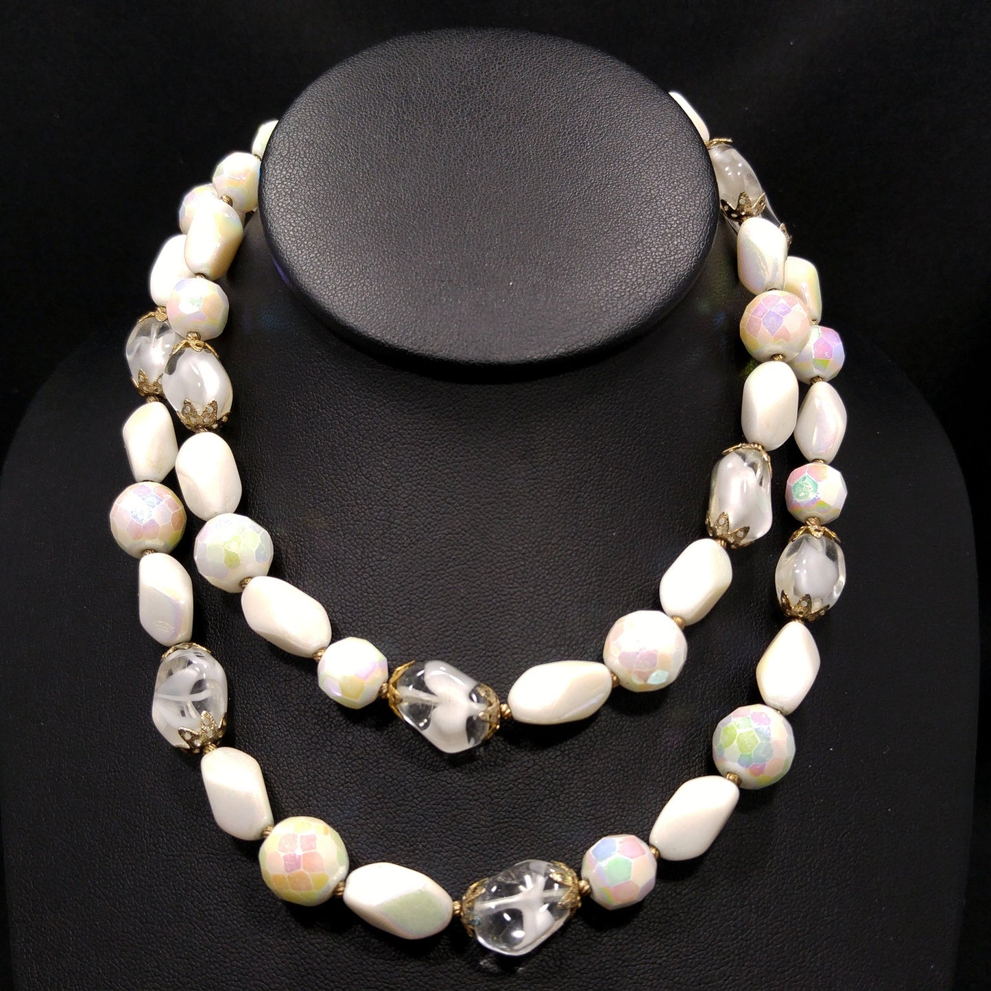 Vintage Czech White Glass Beaded Necklace, Art Glass Beads, 12K GF Clasp, 1950s Vintage Jewelry