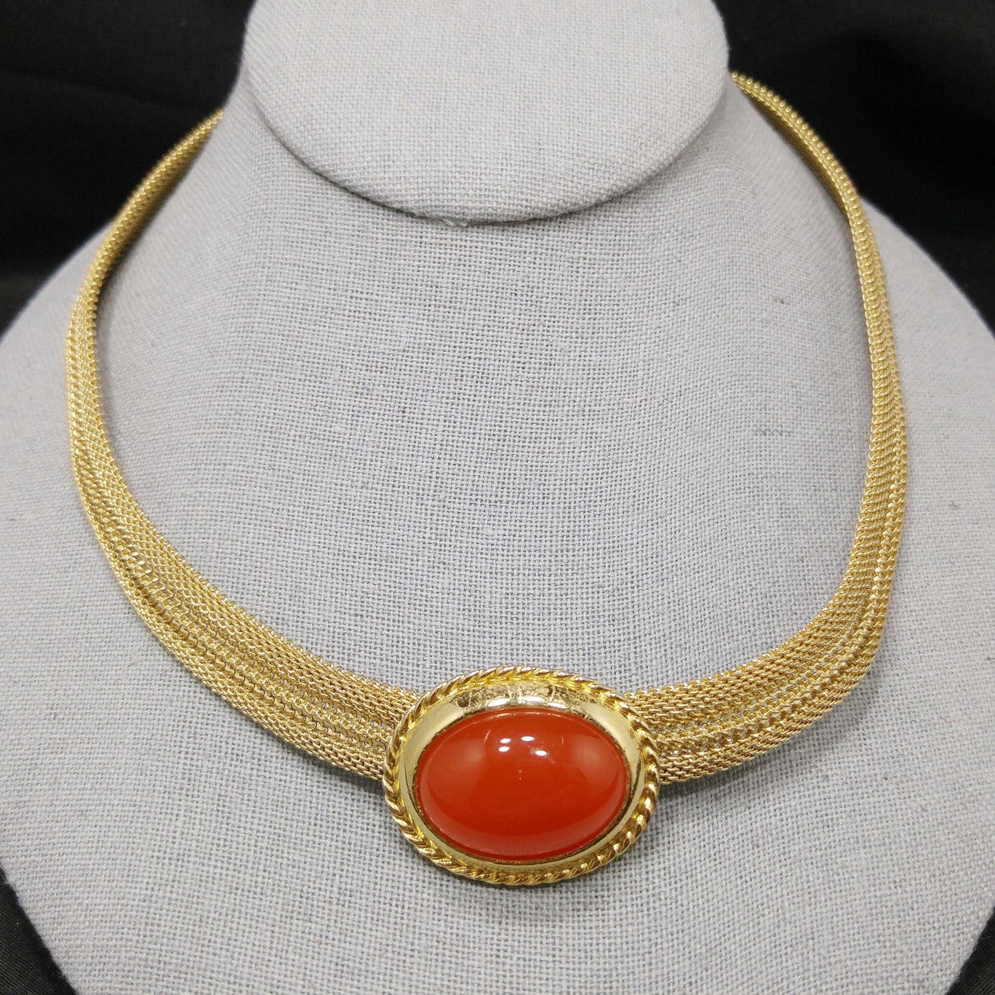 Trifari Orange Lucite Cabochon Necklace, Gold Plated Mesh, 1970s Vintage Jewelry