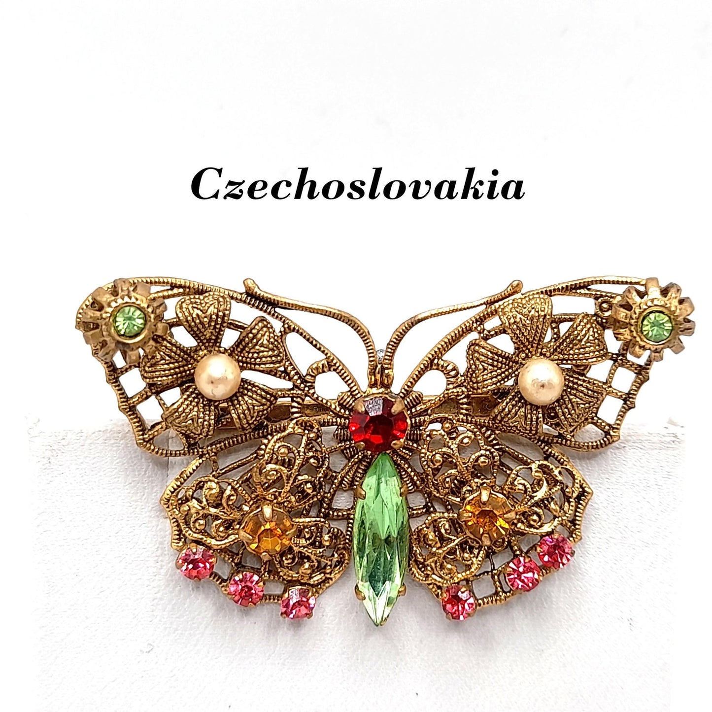 Vintage Filigree Butterfly Brooch, Czech Multicolored Rhinestones, Faux Pearls, 1940s