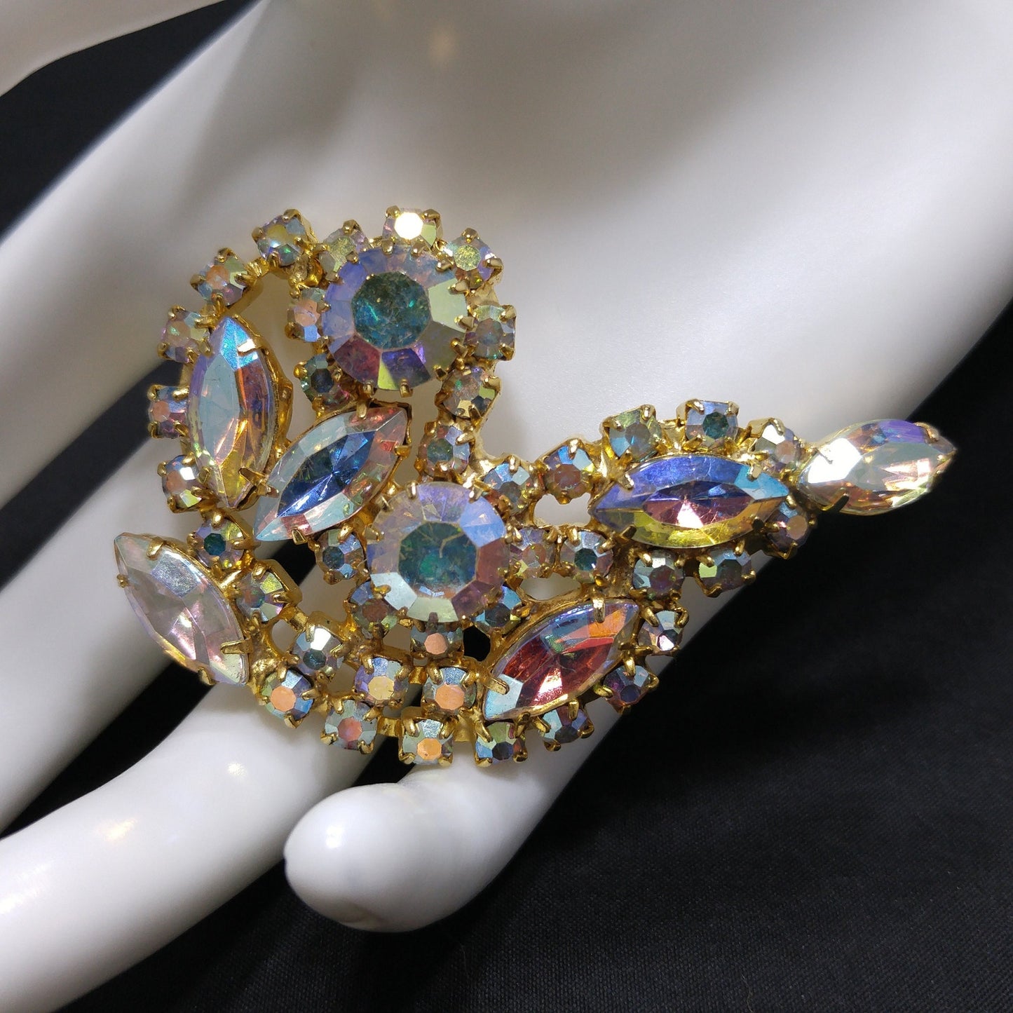 Aurora Borealis Rhinestone Brooch, Gold Plated, AB Clear Rhinestones, 1960s Vintage Jewelry